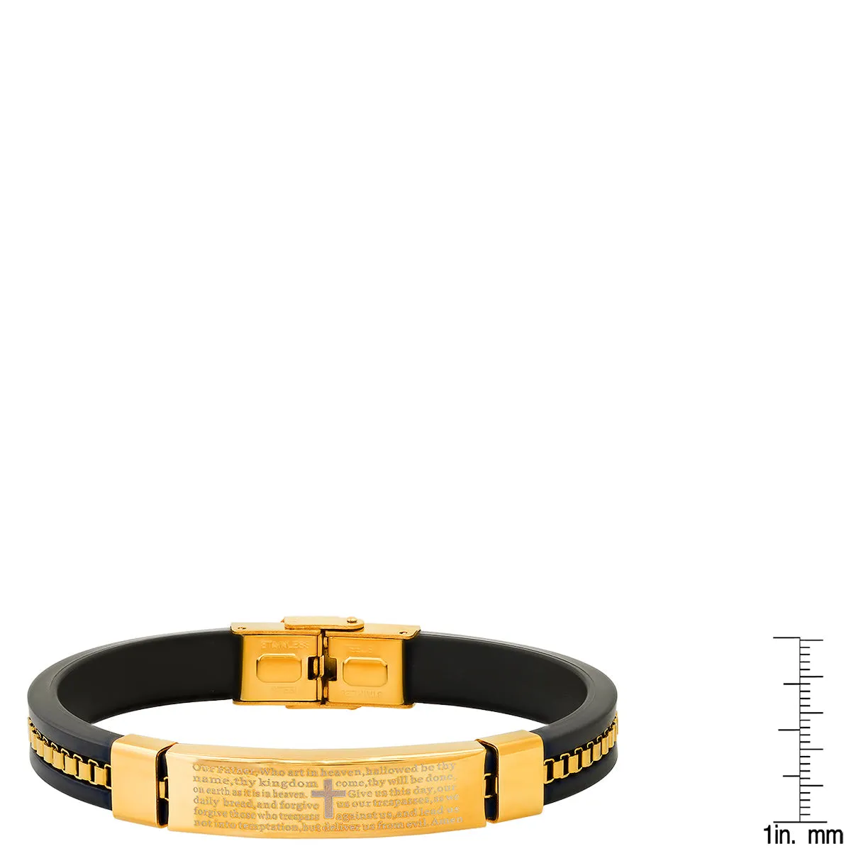 Men's Black Rubber and Stainless Steel Box Inlay Chain Our Father Prayer Bracelet