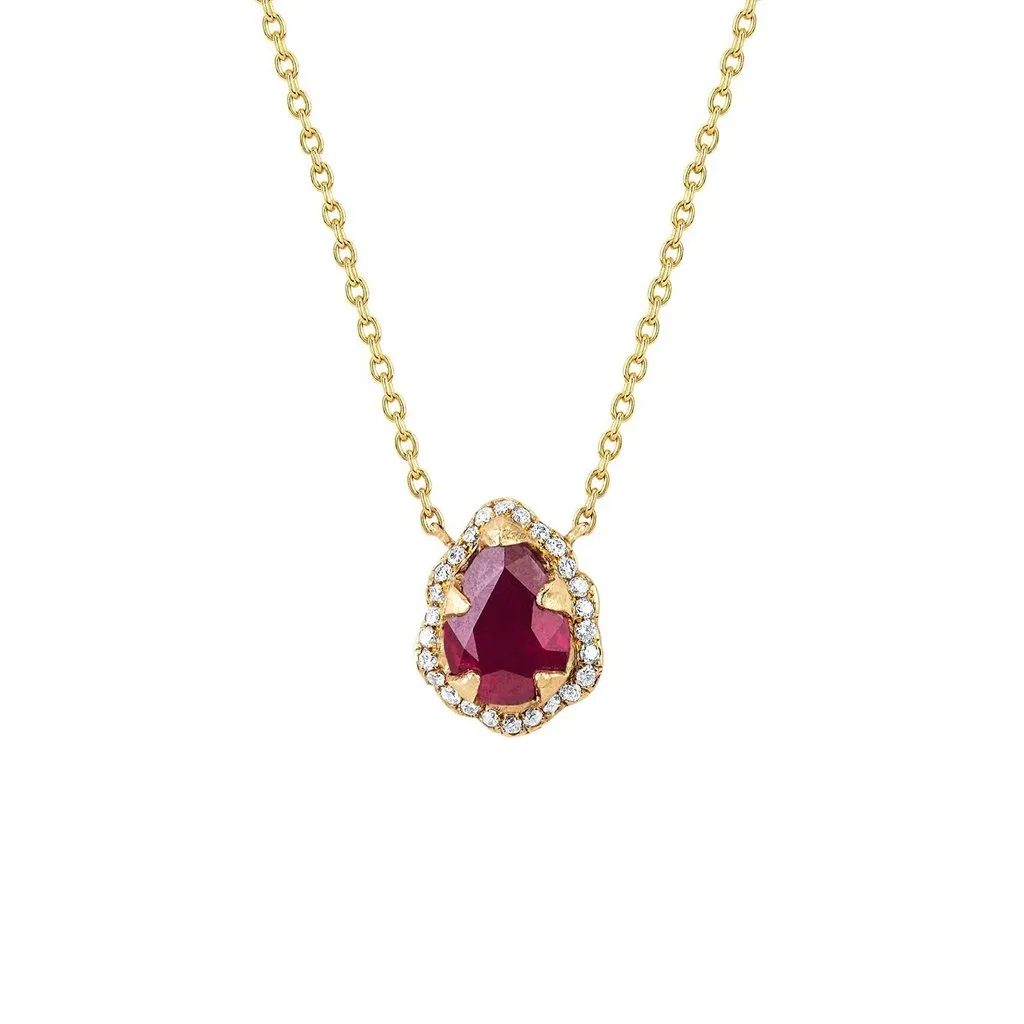 Micro Queen Water Drop Ruby Necklace with Pavé Diamond Halo