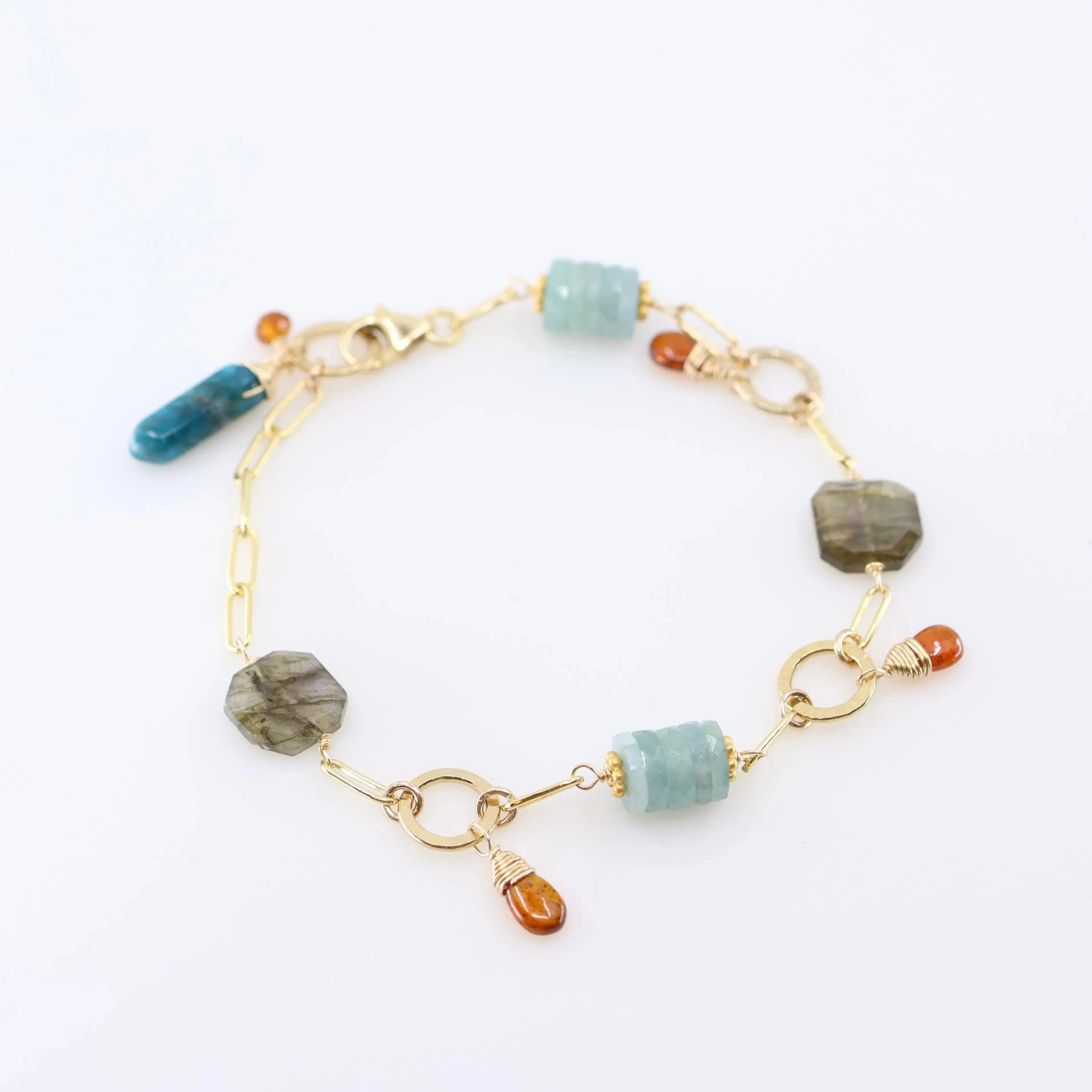 Milky Aquamarine, Labradorite, Apatite, and Orange Kyanite Mixed Gemstone Bracelet
