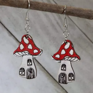 Mushroom House Wooden Dangle Earrings by Cate's Concepts, LLC