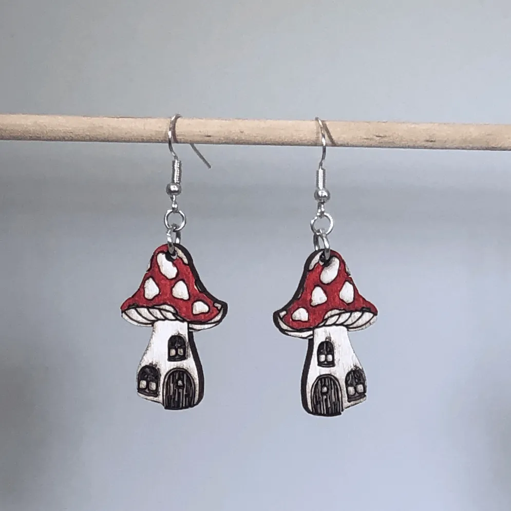 Mushroom House Wooden Dangle Earrings by Cate's Concepts, LLC