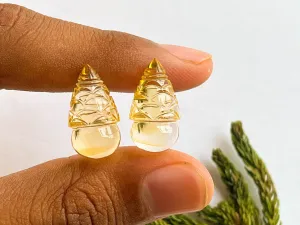 Pair of Citrine Gemstone Carving Drops, Natural Citrine, Citrine carved Drops, Citrine carving Pair, Citrine Drops for Earrings, 12x22mm