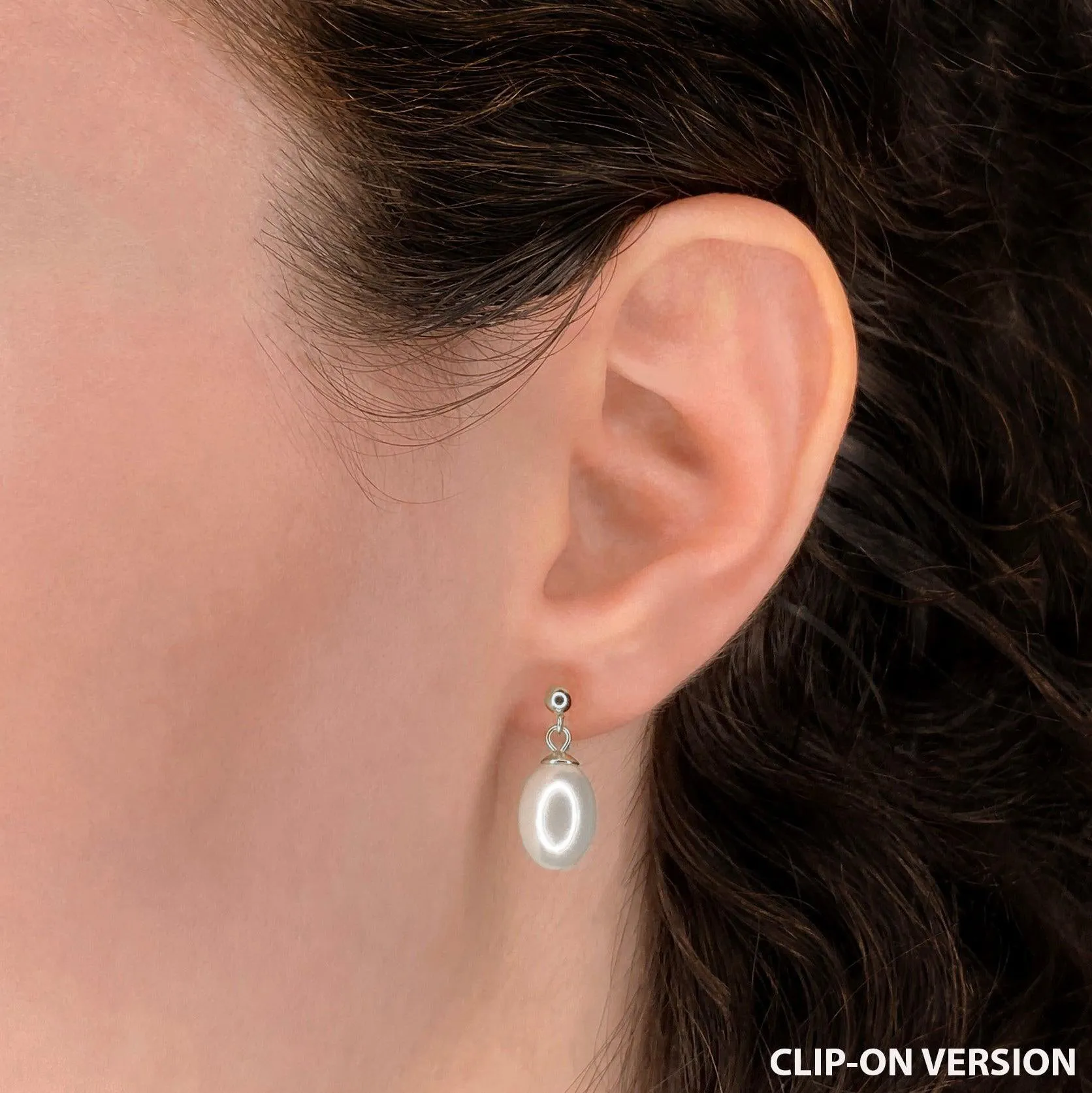 PEARL DROP STUD CLIP-ON EARRINGS IN SILVER