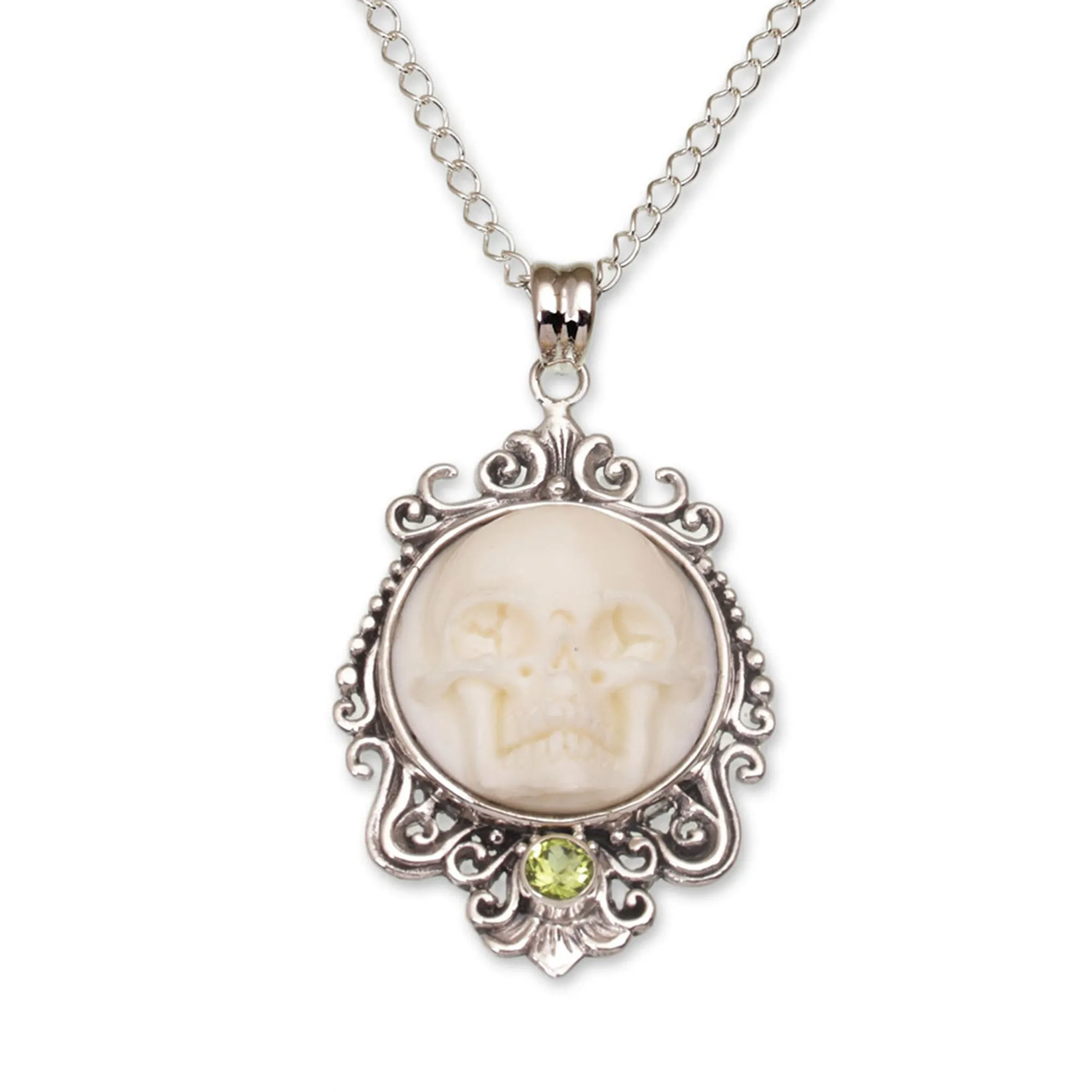 Peridot and Bone White Skull Pendant Necklace from Bali - Skull Stare in White | NOVICA