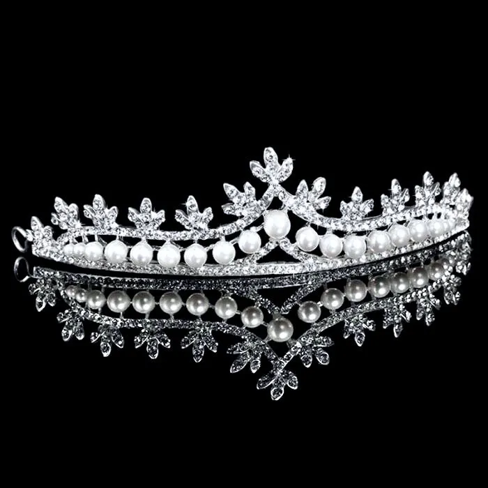 "Veronica" - Silver Crystal and Pearl 3-Piece Bridal Jewelry Set With Half Tiara