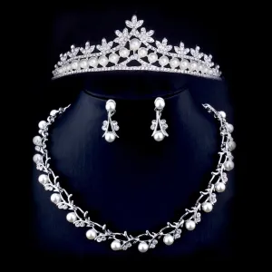 "Veronica" - Silver Crystal and Pearl 3-Piece Bridal Jewelry Set With Half Tiara