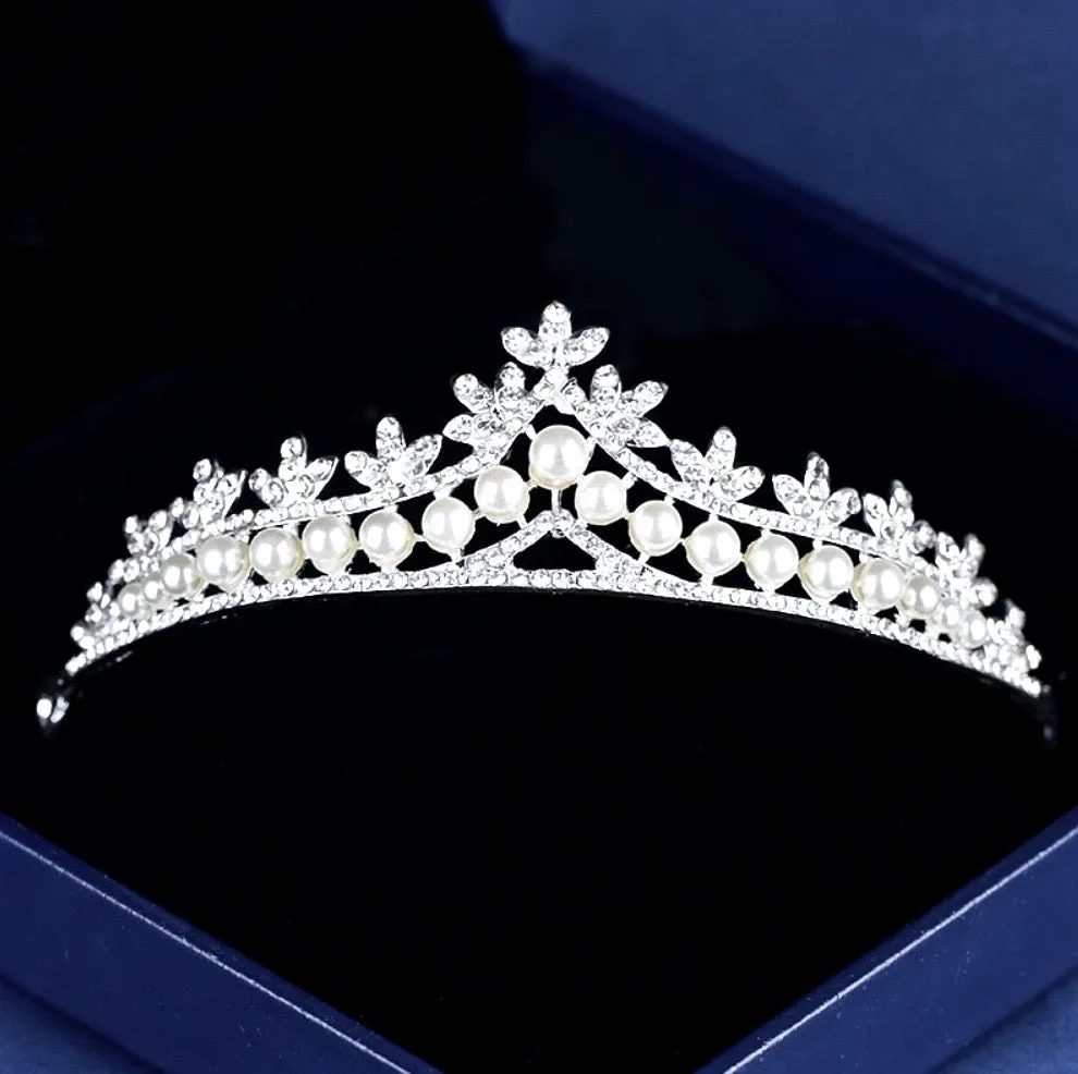 "Veronica" - Silver Crystal and Pearl 3-Piece Bridal Jewelry Set With Half Tiara