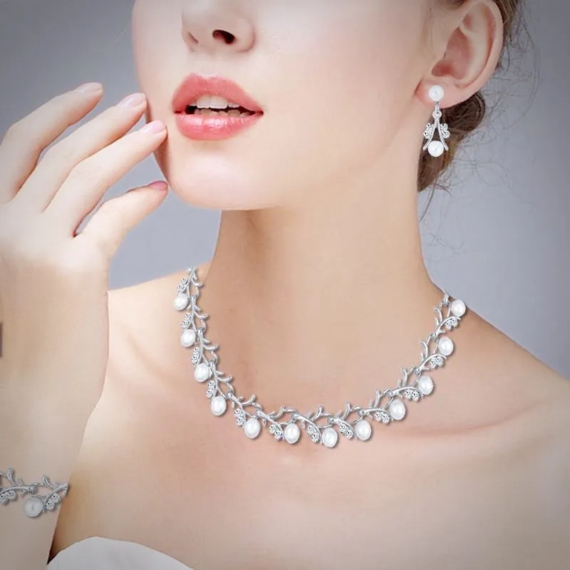 "Veronica" - Silver Crystal and Pearl 3-Piece Bridal Jewelry Set With Half Tiara