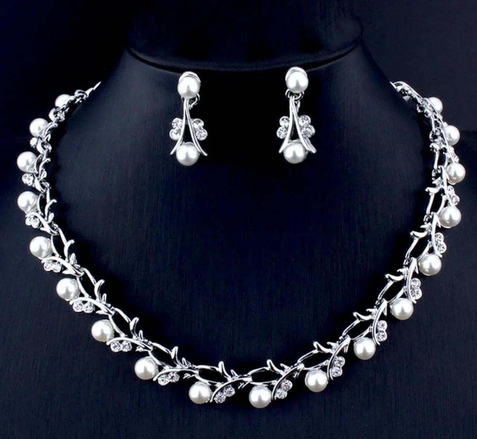 "Veronica" - Silver Crystal and Pearl 3-Piece Bridal Jewelry Set With Half Tiara