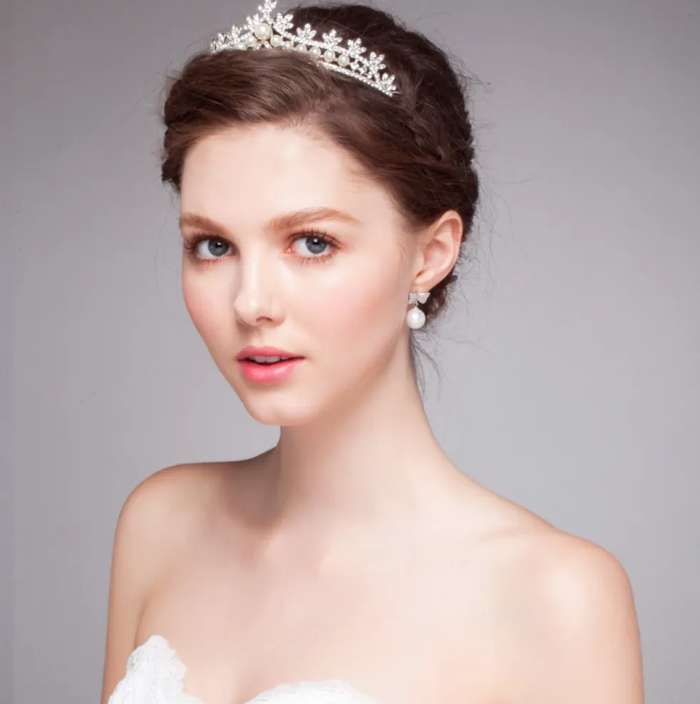 "Veronica" - Silver Crystal and Pearl 3-Piece Bridal Jewelry Set With Half Tiara