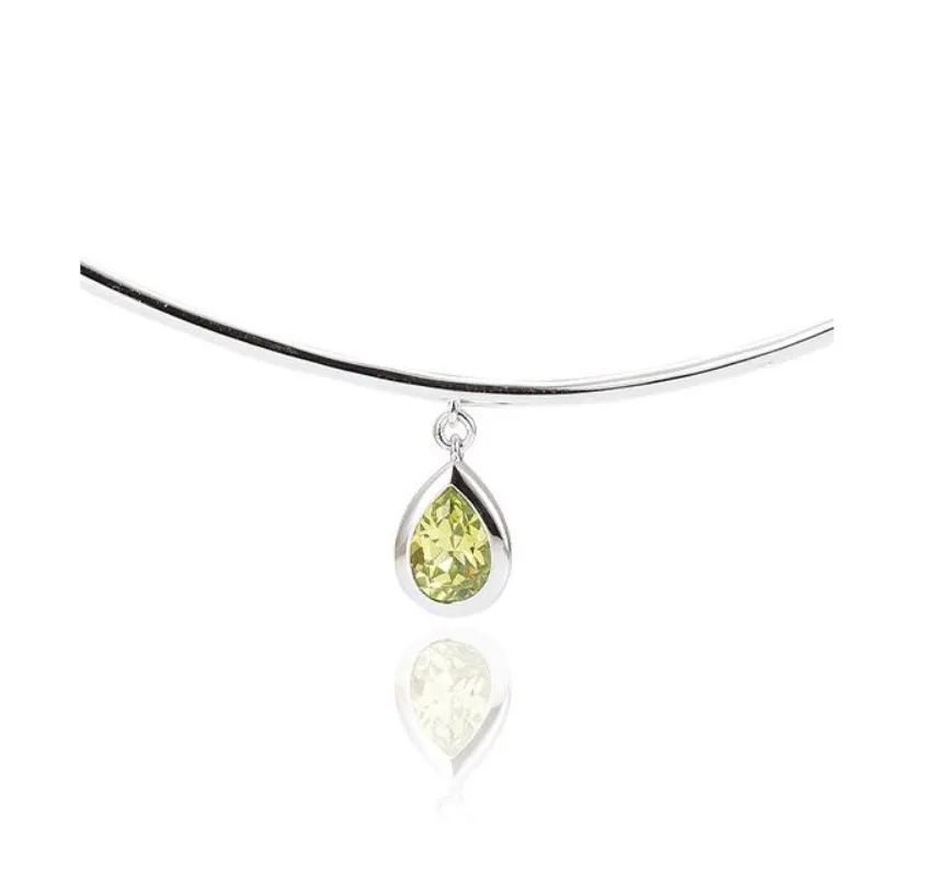 Rhodium Plated Sterling Silver Curved Bar Necklace w/ Pear Shaped Peridot Drop (I8886)