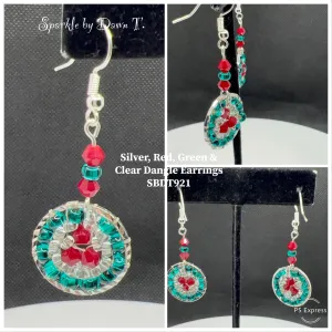 Silver Red, Green and Clear Dangle Earrings