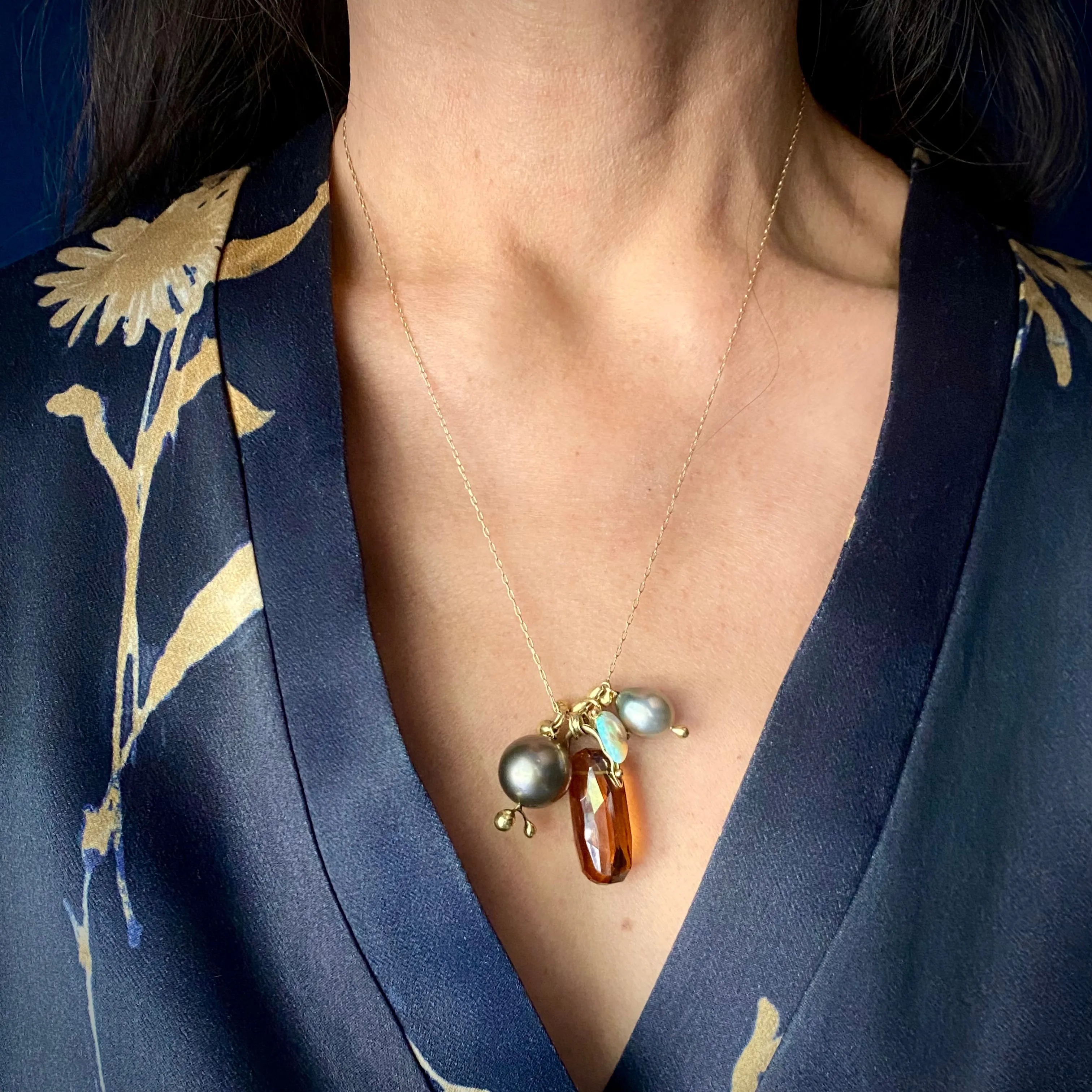 TenThousandThings 18k One of a Kind Tahitian Pearl, Citrine and Opal Charm Necklace