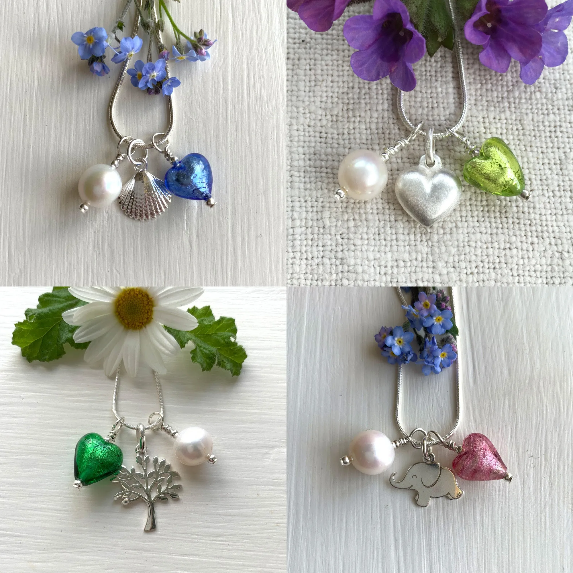 Three charm necklace in silver with light green (peridot) heart and *charm options*