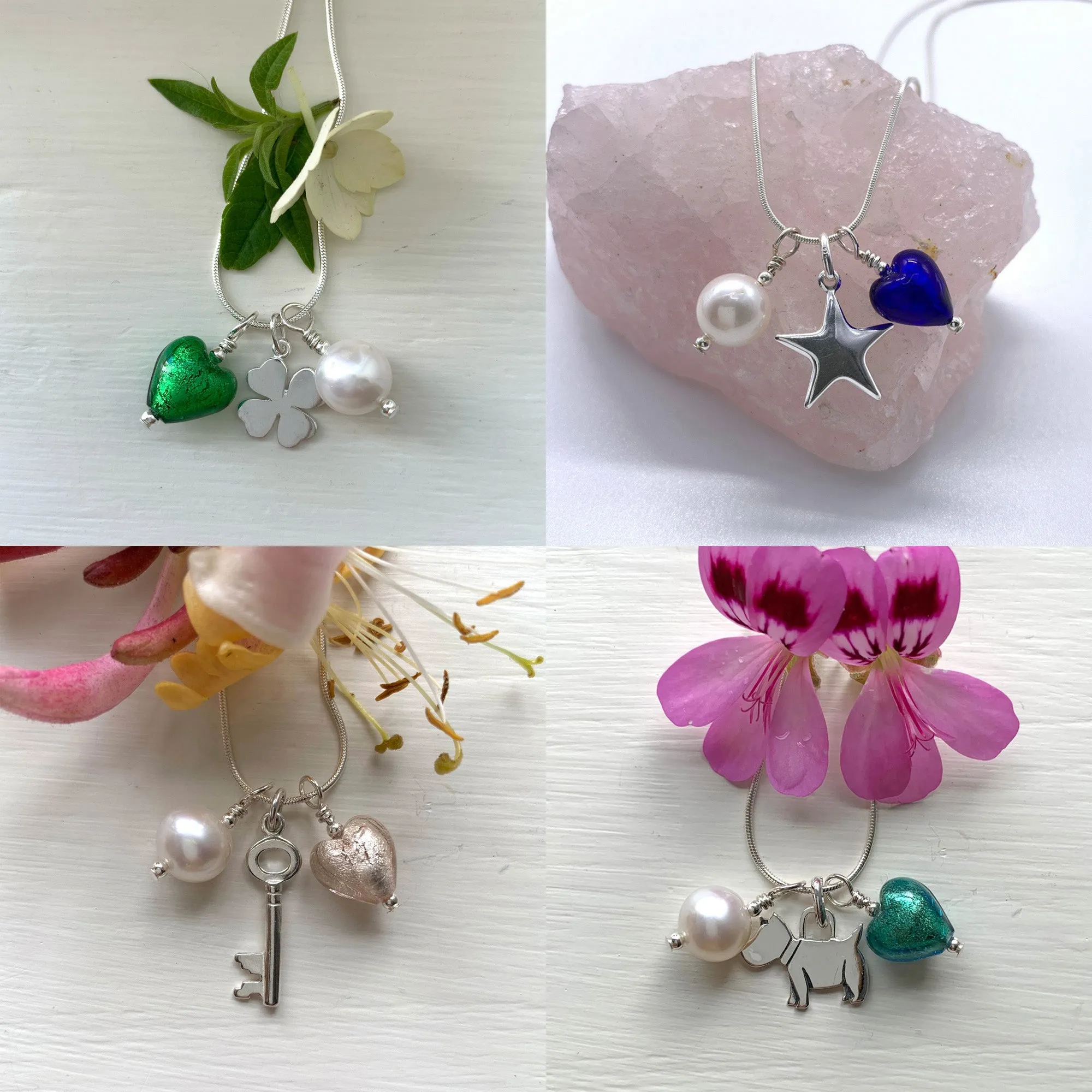 Three charm necklace in silver with light green (peridot) heart and *charm options*