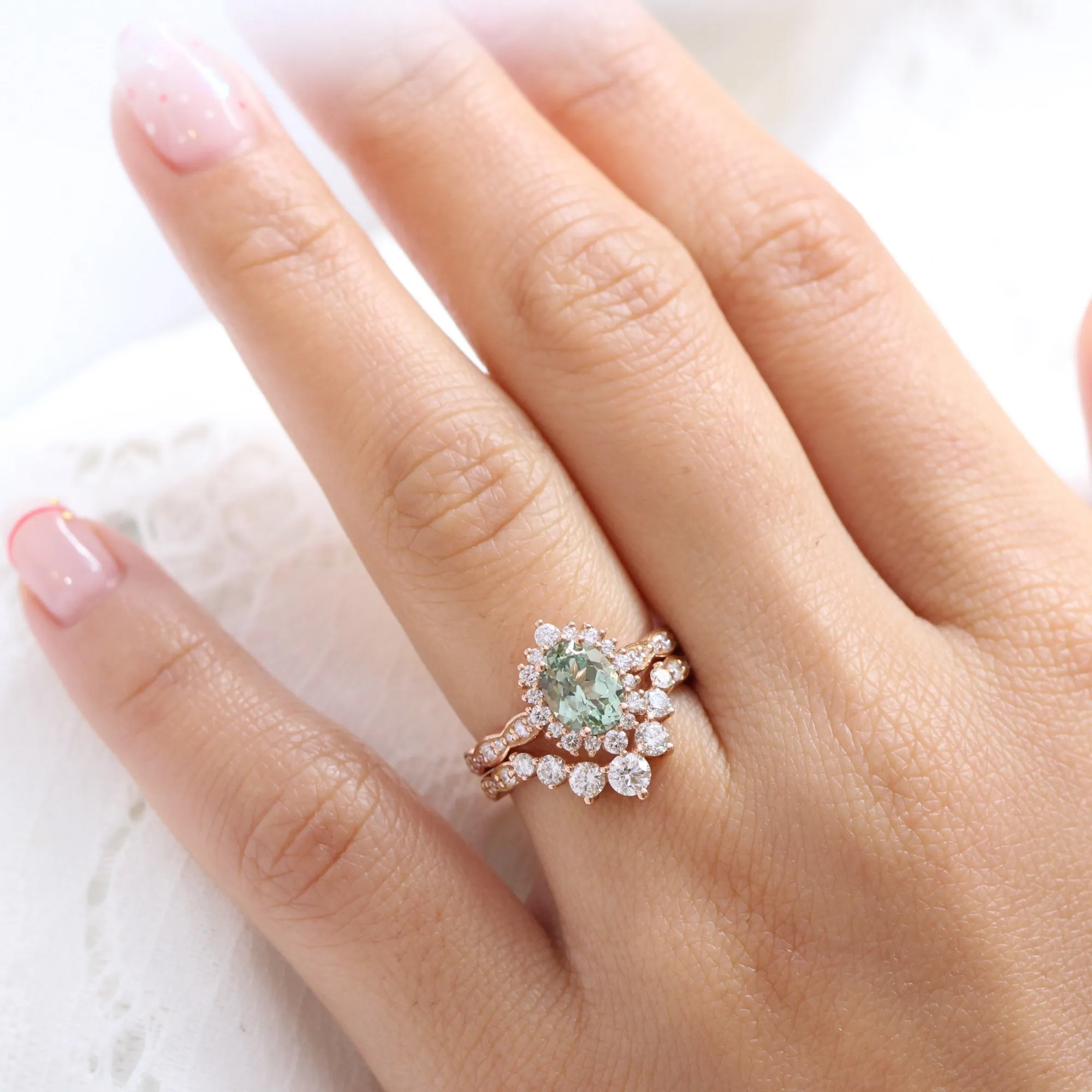 Tiara Halo Oval Scalloped Ring Set w/ Green Sapphire and Large 7 Diamond U Band