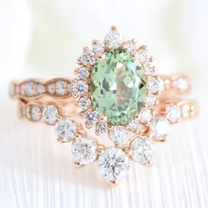 Tiara Halo Oval Scalloped Ring Set w/ Green Sapphire and Large 7 Diamond U Band