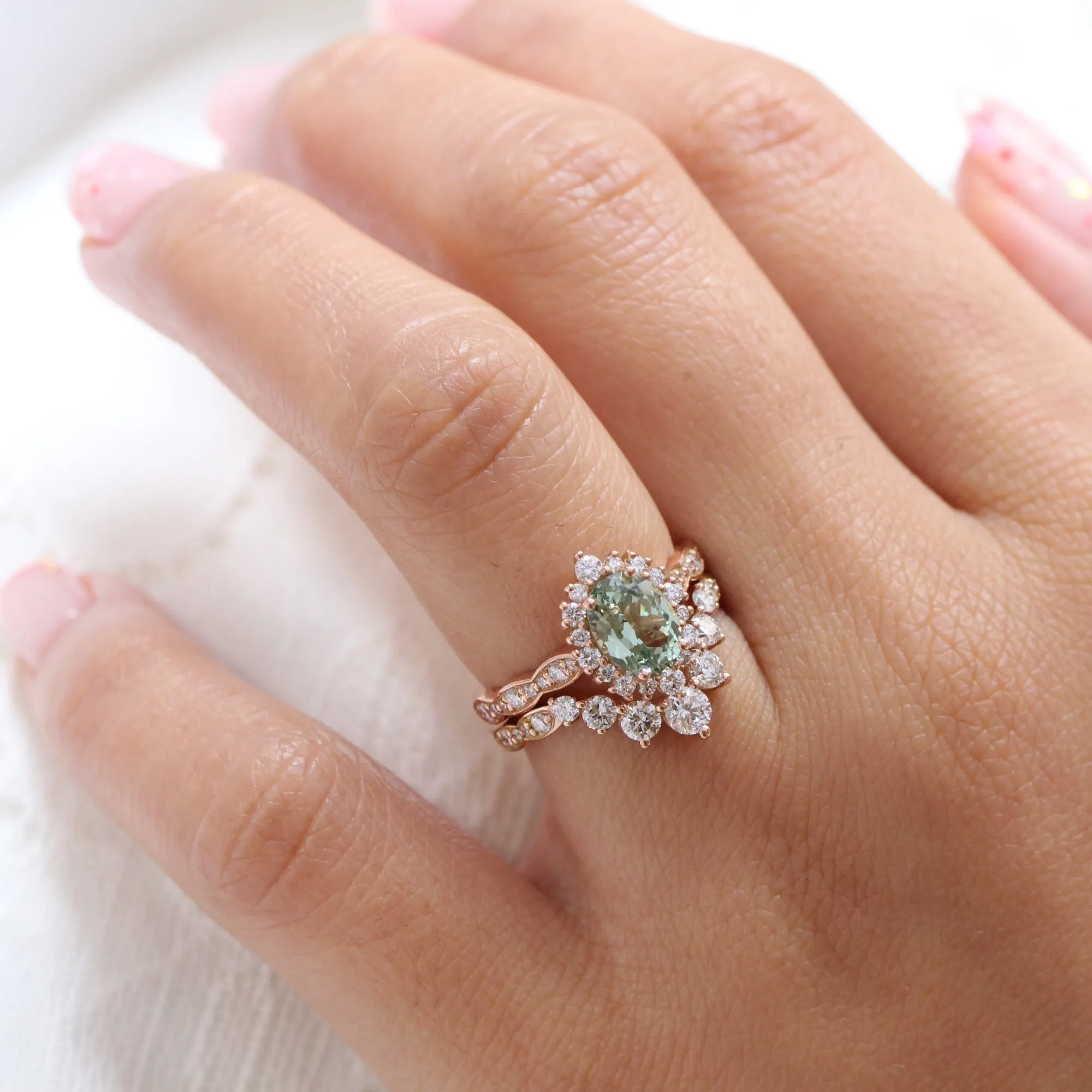 Tiara Halo Oval Scalloped Ring Set w/ Green Sapphire and Large 7 Diamond U Band