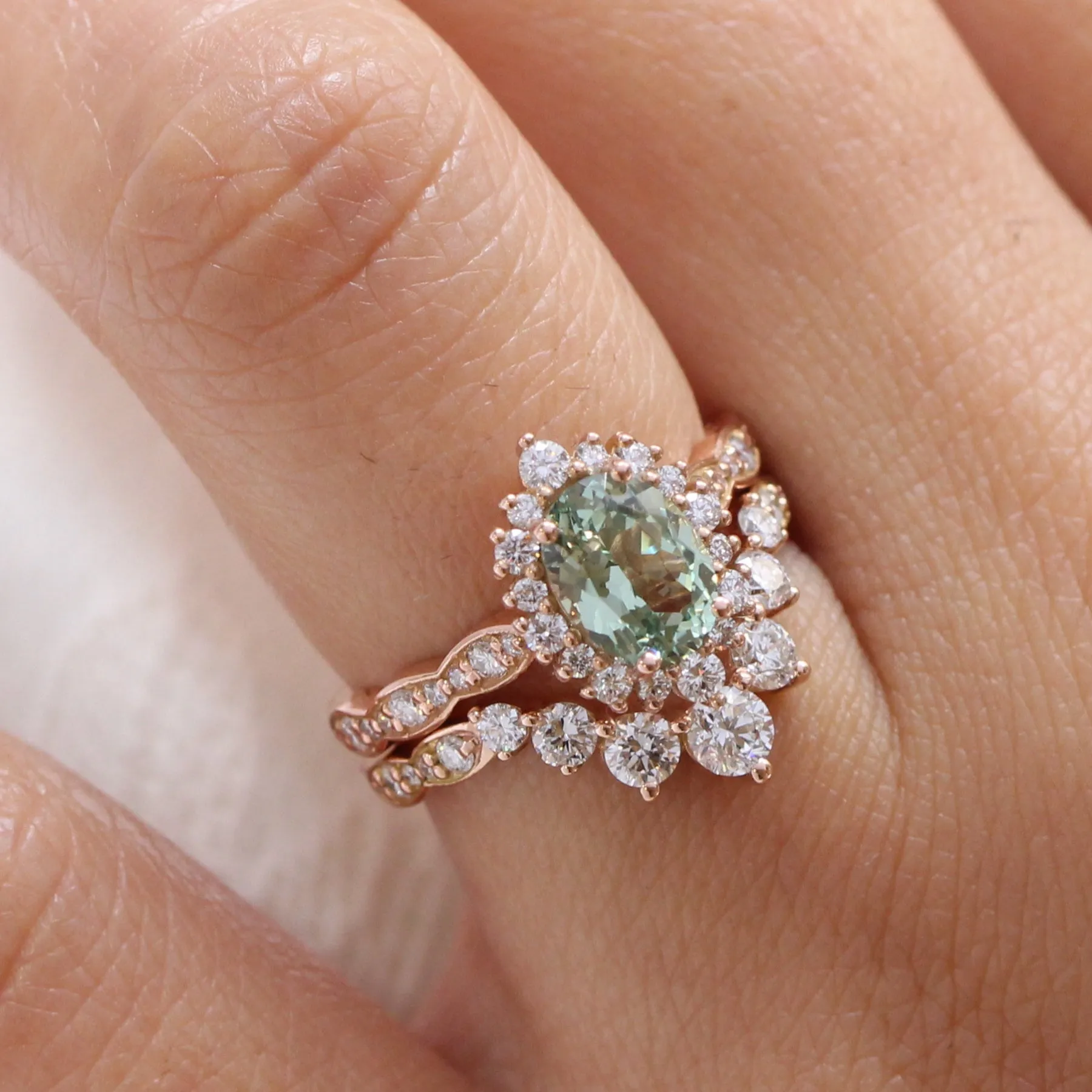 Tiara Halo Oval Scalloped Ring Set w/ Green Sapphire and Large 7 Diamond U Band