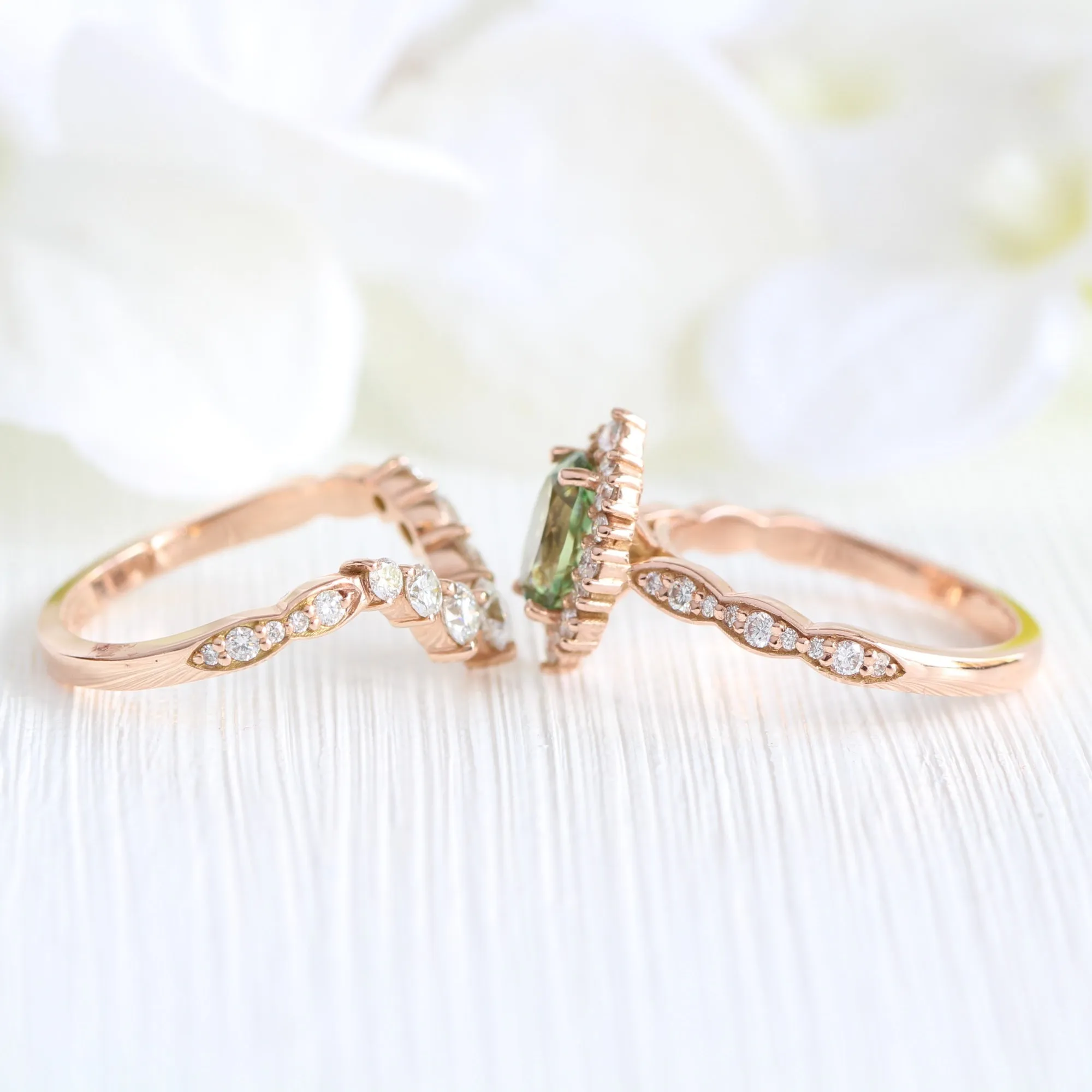 Tiara Halo Oval Scalloped Ring Set w/ Green Sapphire and Large 7 Diamond U Band