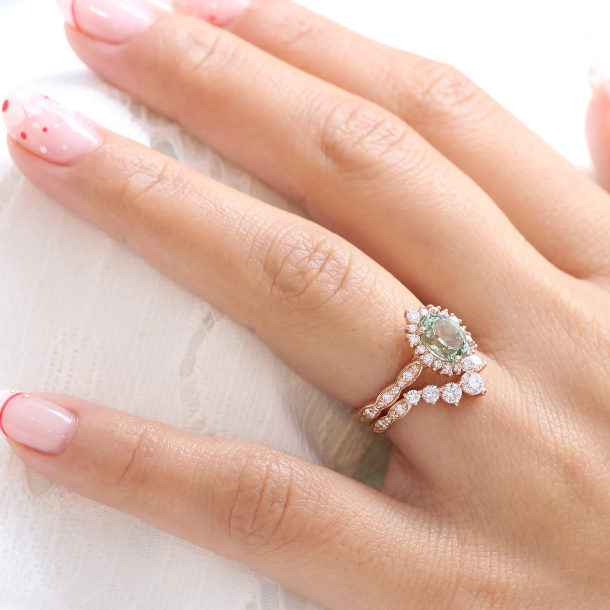 Tiara Halo Oval Scalloped Ring Set w/ Green Sapphire and Large 7 Diamond U Band