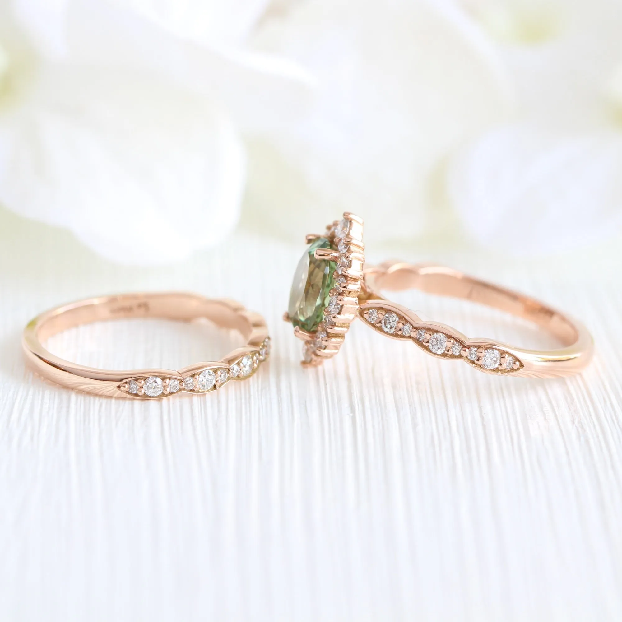 Tiara Halo Ring Set in Scalloped Band w/ Oval Sea Foam Green Sapphire and Diamond