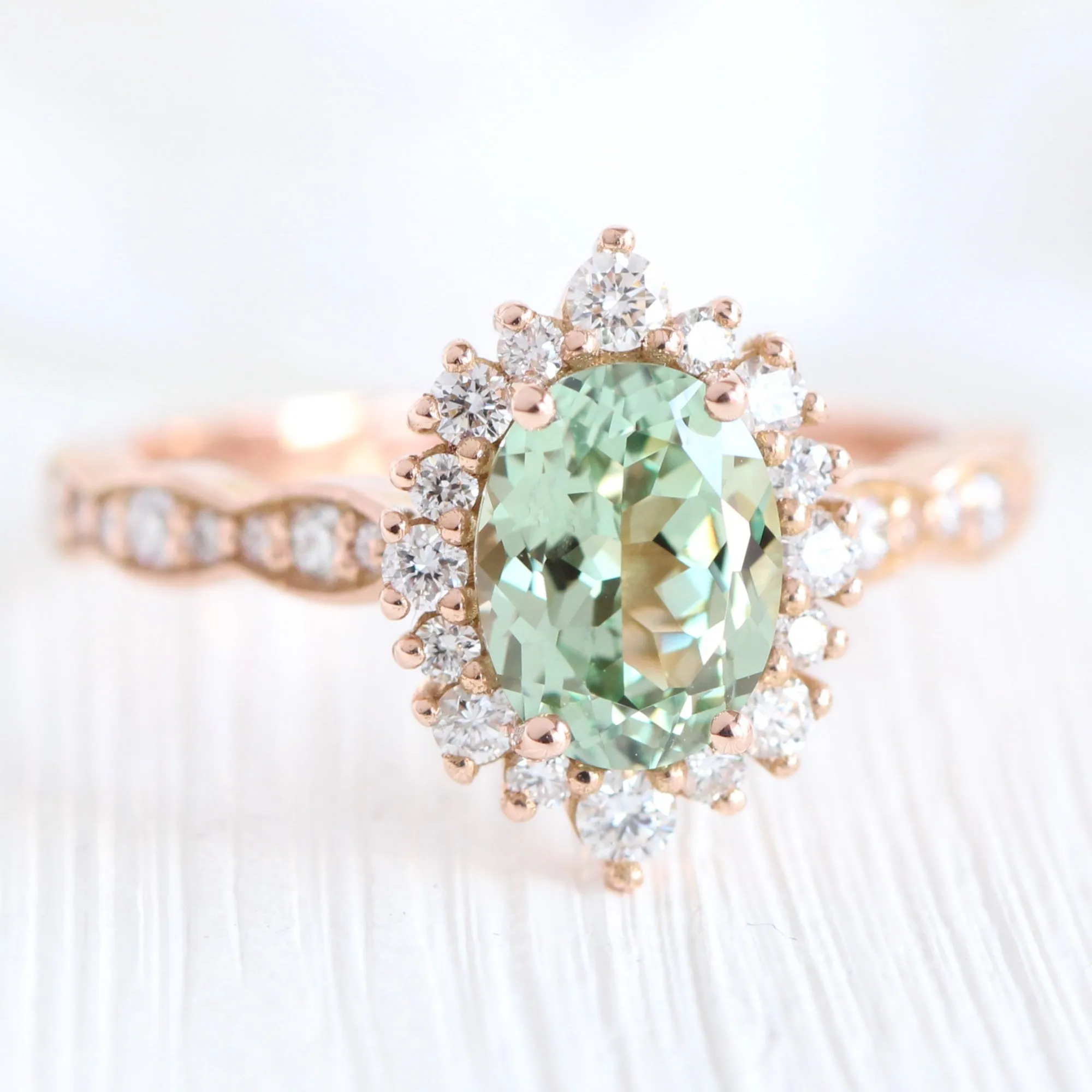 Tiara Halo Ring Set in Scalloped Band w/ Oval Sea Foam Green Sapphire and Diamond
