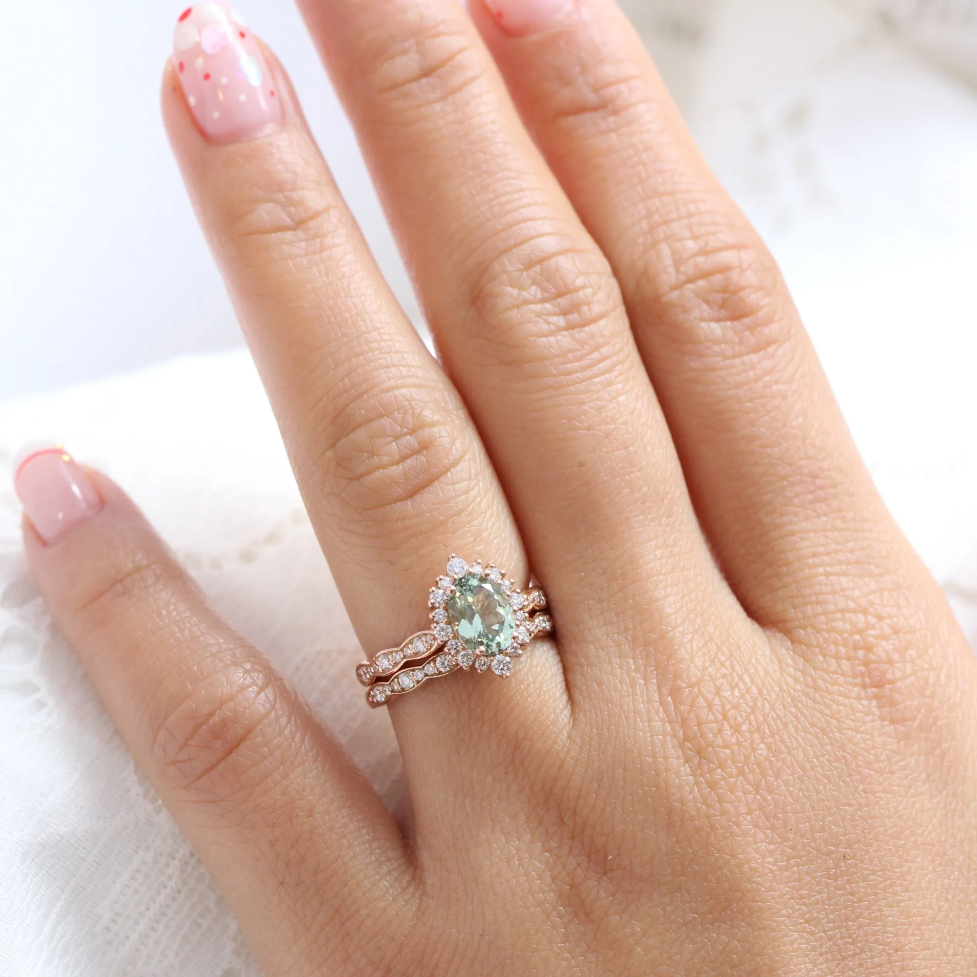 Tiara Halo Ring Set in Scalloped Band w/ Oval Sea Foam Green Sapphire and Diamond