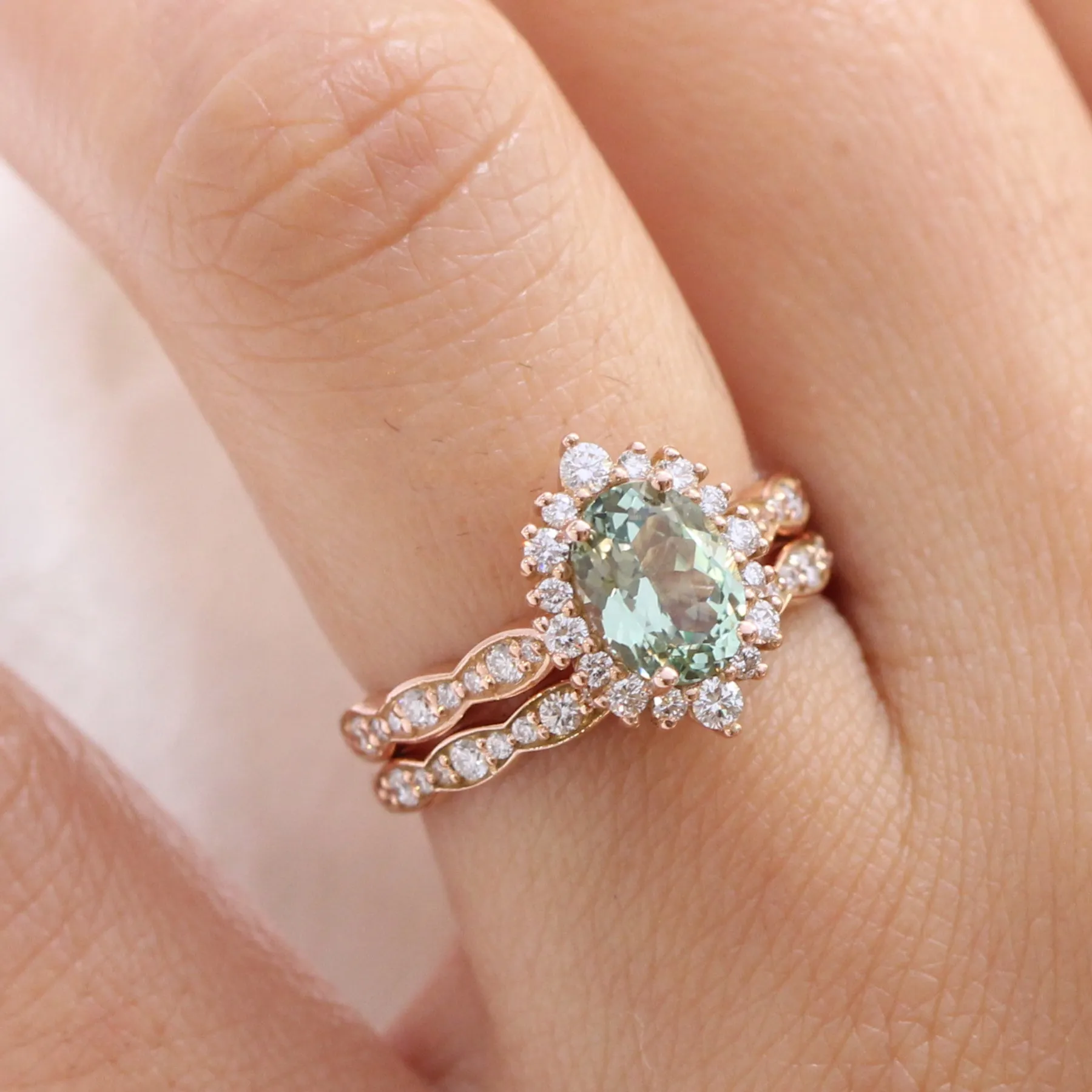 Tiara Halo Ring Set in Scalloped Band w/ Oval Sea Foam Green Sapphire and Diamond