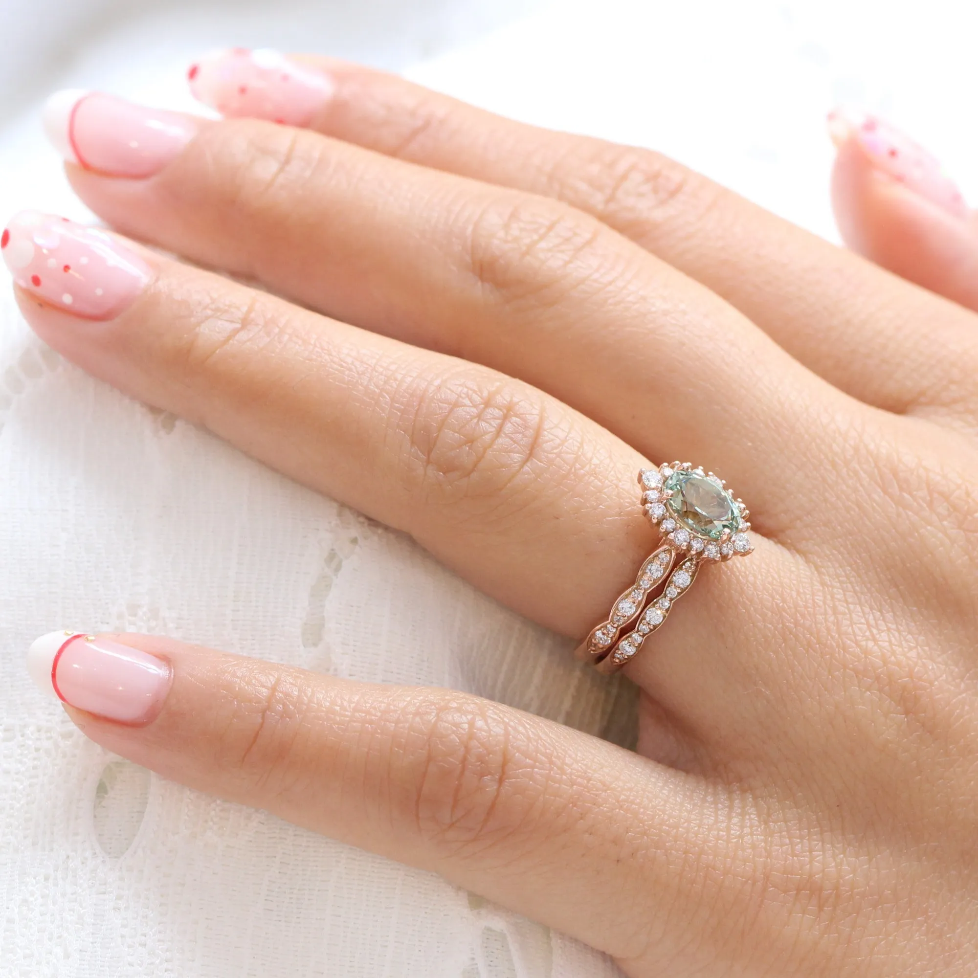 Tiara Halo Ring Set in Scalloped Band w/ Oval Sea Foam Green Sapphire and Diamond