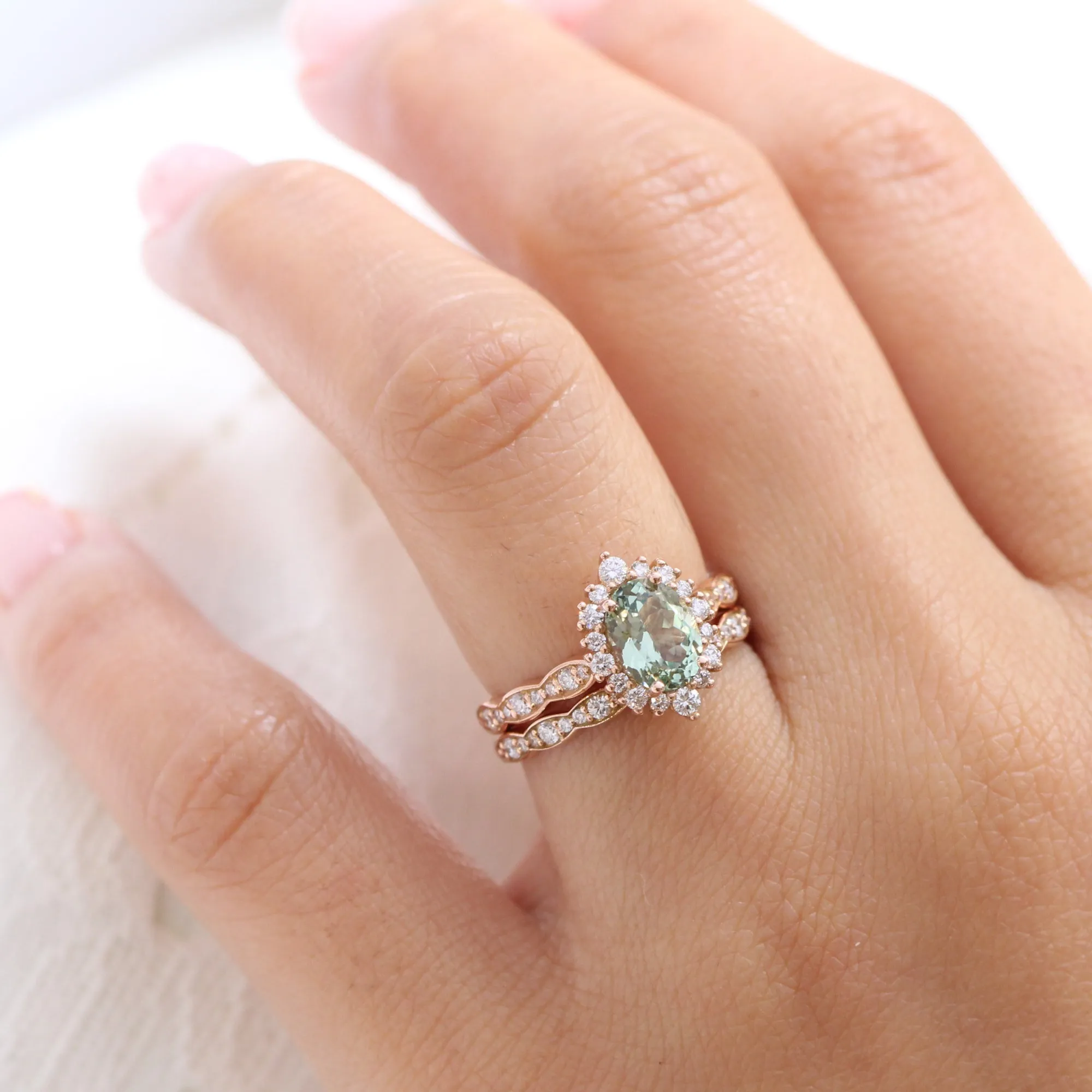 Tiara Halo Ring Set in Scalloped Band w/ Oval Sea Foam Green Sapphire and Diamond