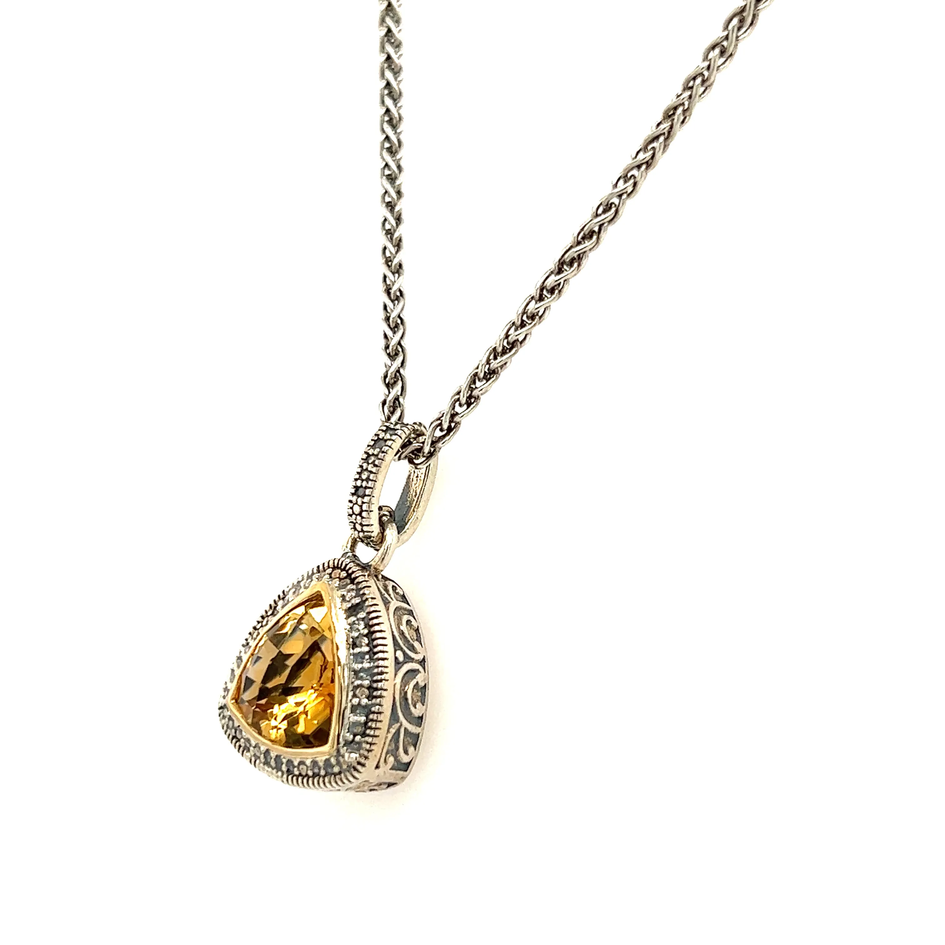 Trillion Citrine Antiqued Necklace with 14K Yellow Gold Accent in Sterling Silver