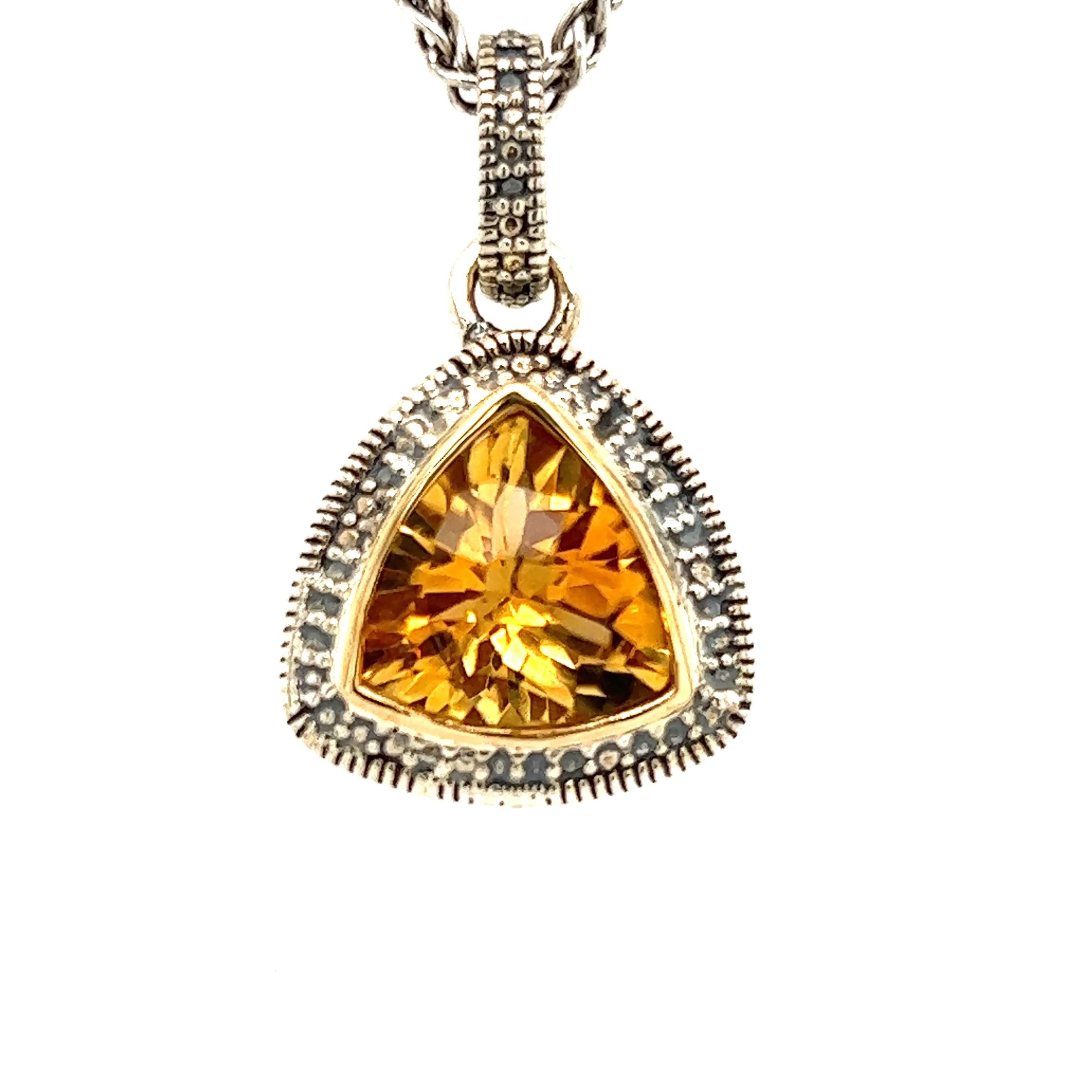 Trillion Citrine Antiqued Necklace with 14K Yellow Gold Accent in Sterling Silver
