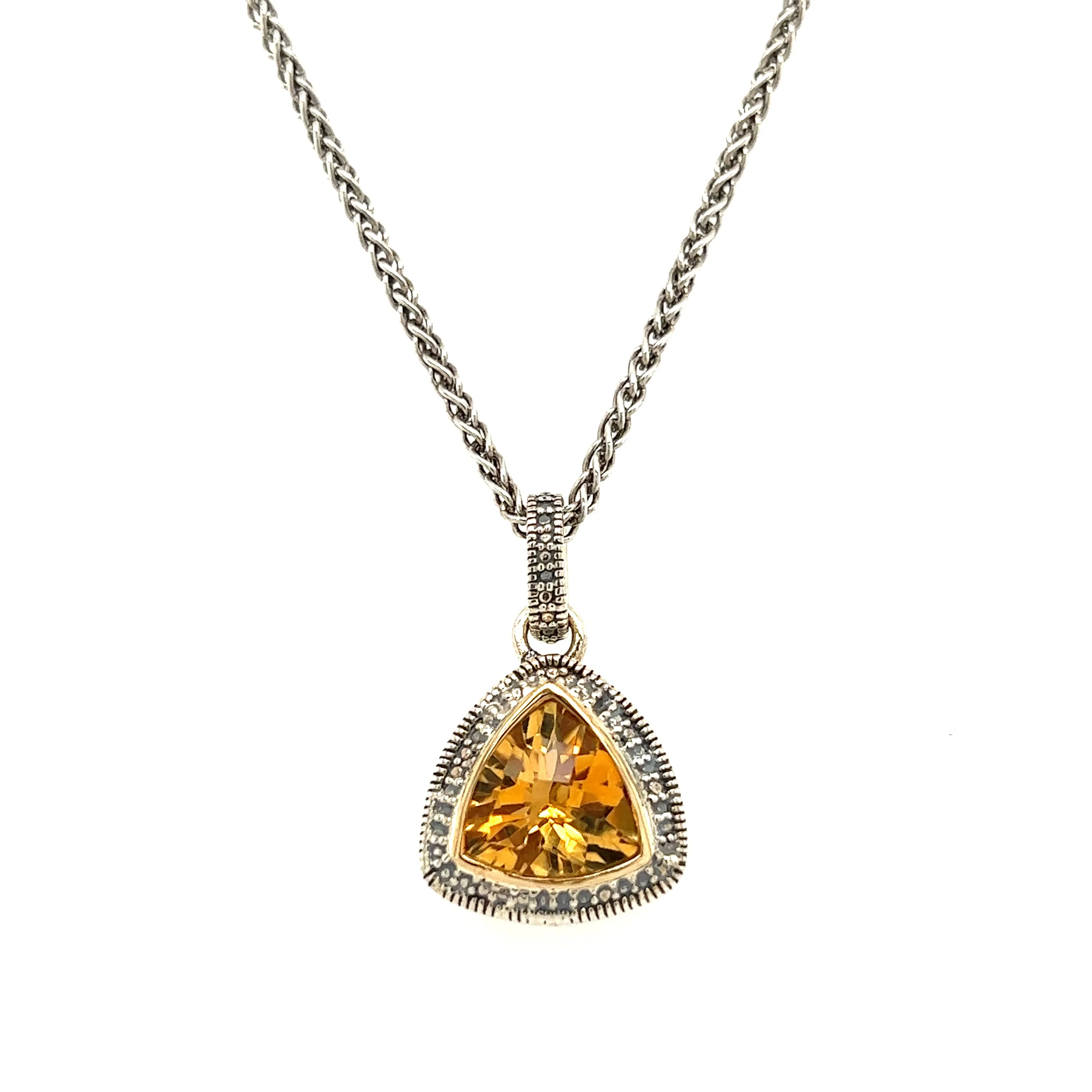 Trillion Citrine Antiqued Necklace with 14K Yellow Gold Accent in Sterling Silver