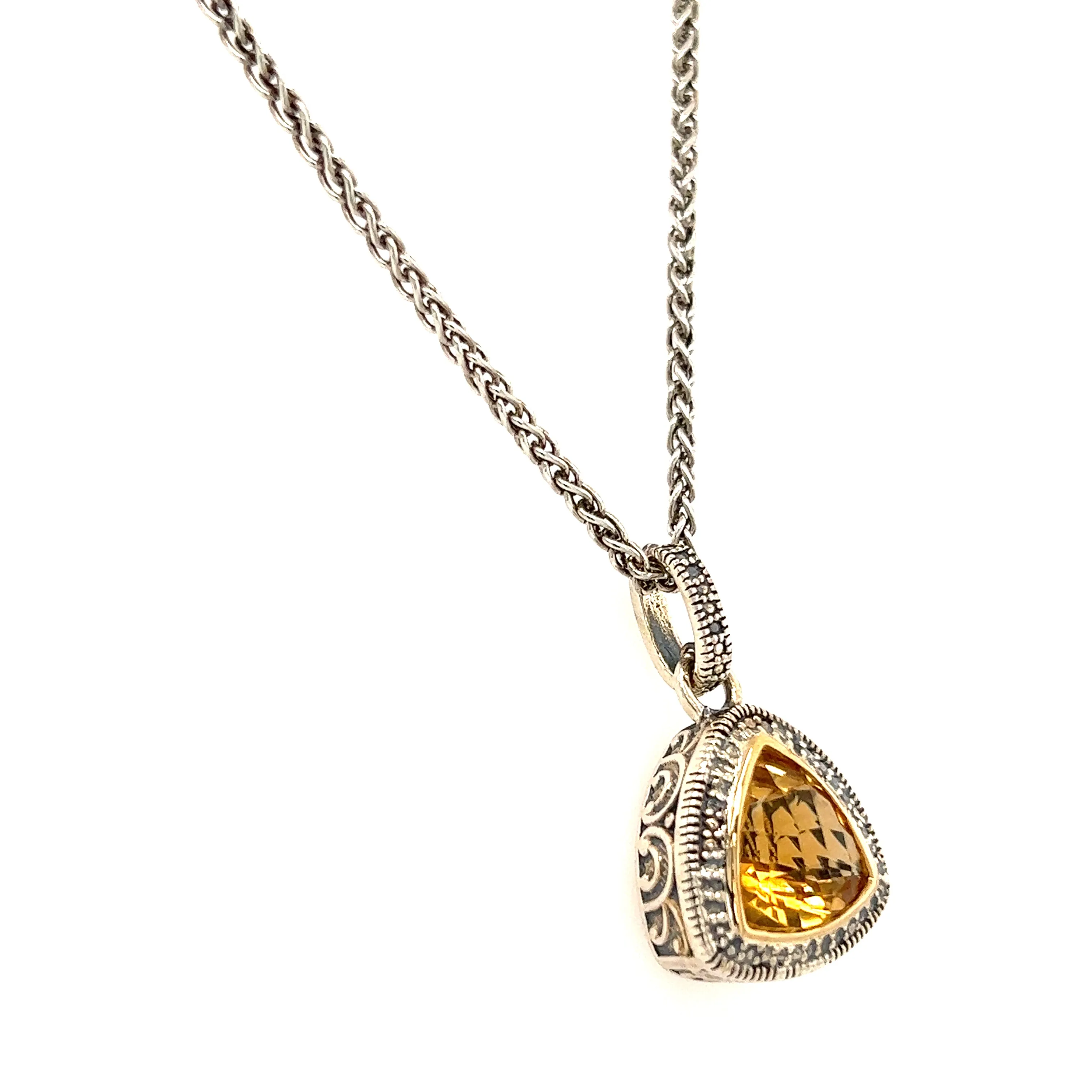 Trillion Citrine Antiqued Necklace with 14K Yellow Gold Accent in Sterling Silver
