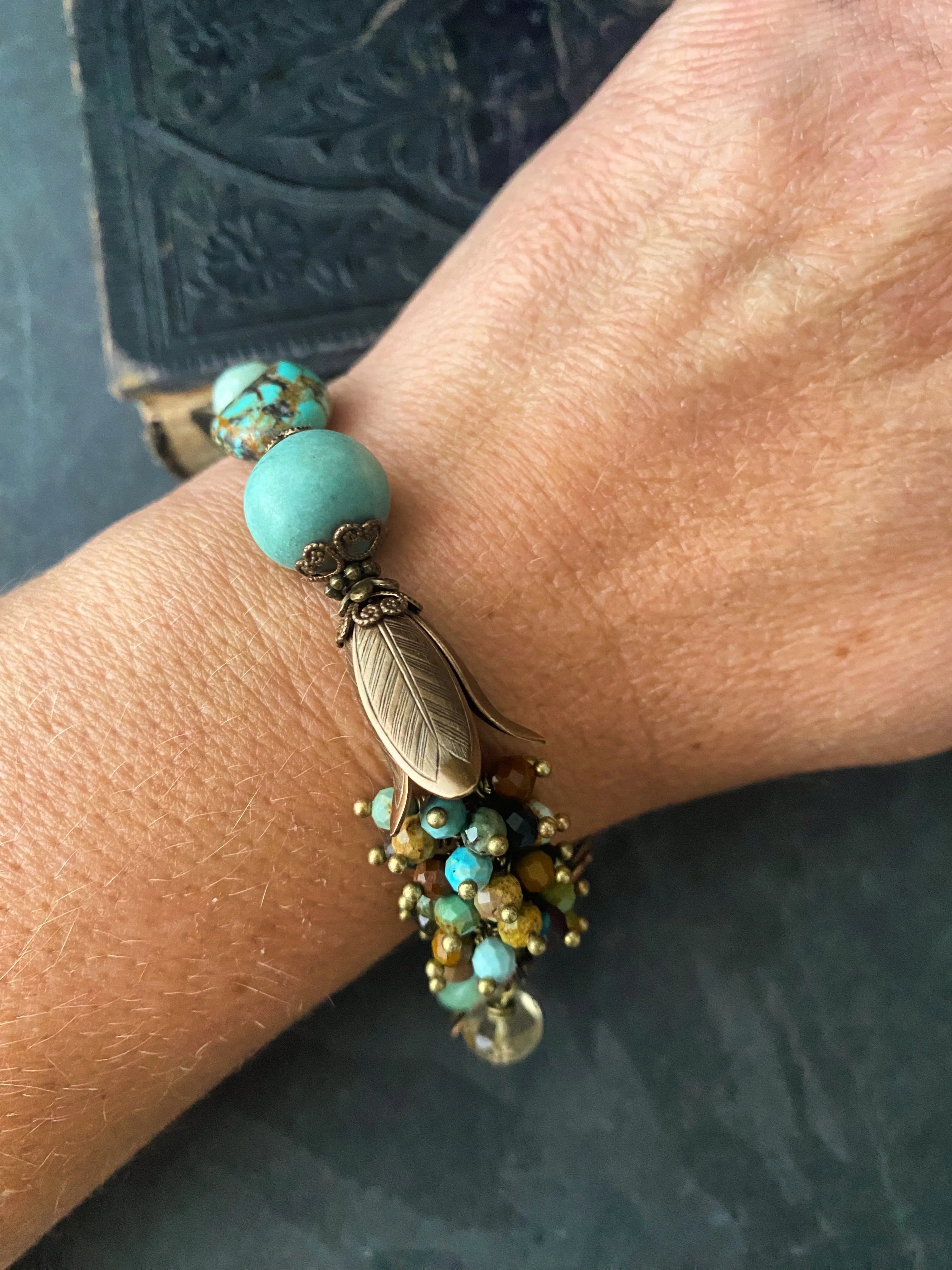 Turquoise, amazonite, ceramic, bronze metal, bracelet, KIT