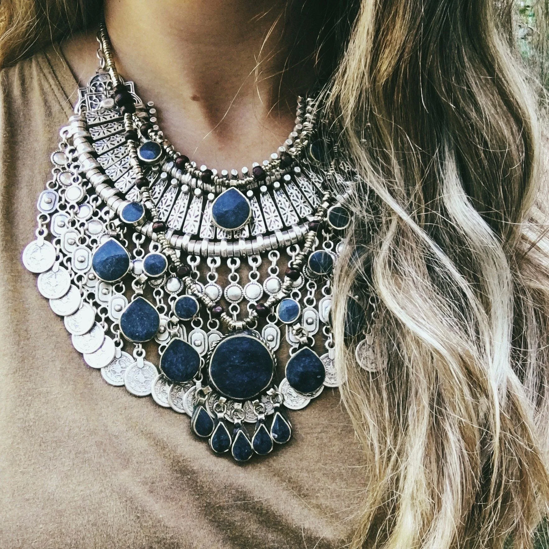 Two Tier Tribal black stone boho necklace