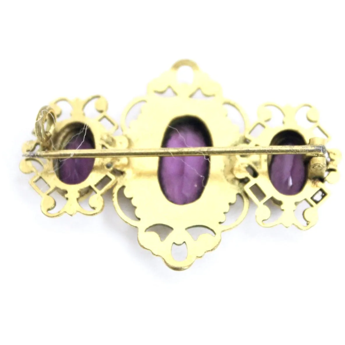 Victorian Neck Brooch 3 Amethyst Stones Bezel Set Ornate Gold Wash Setting 1 3/4"