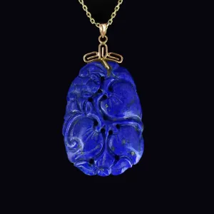 Vintage 14K Gold Carved Lapis Lazuli Flower Pendant Necklace