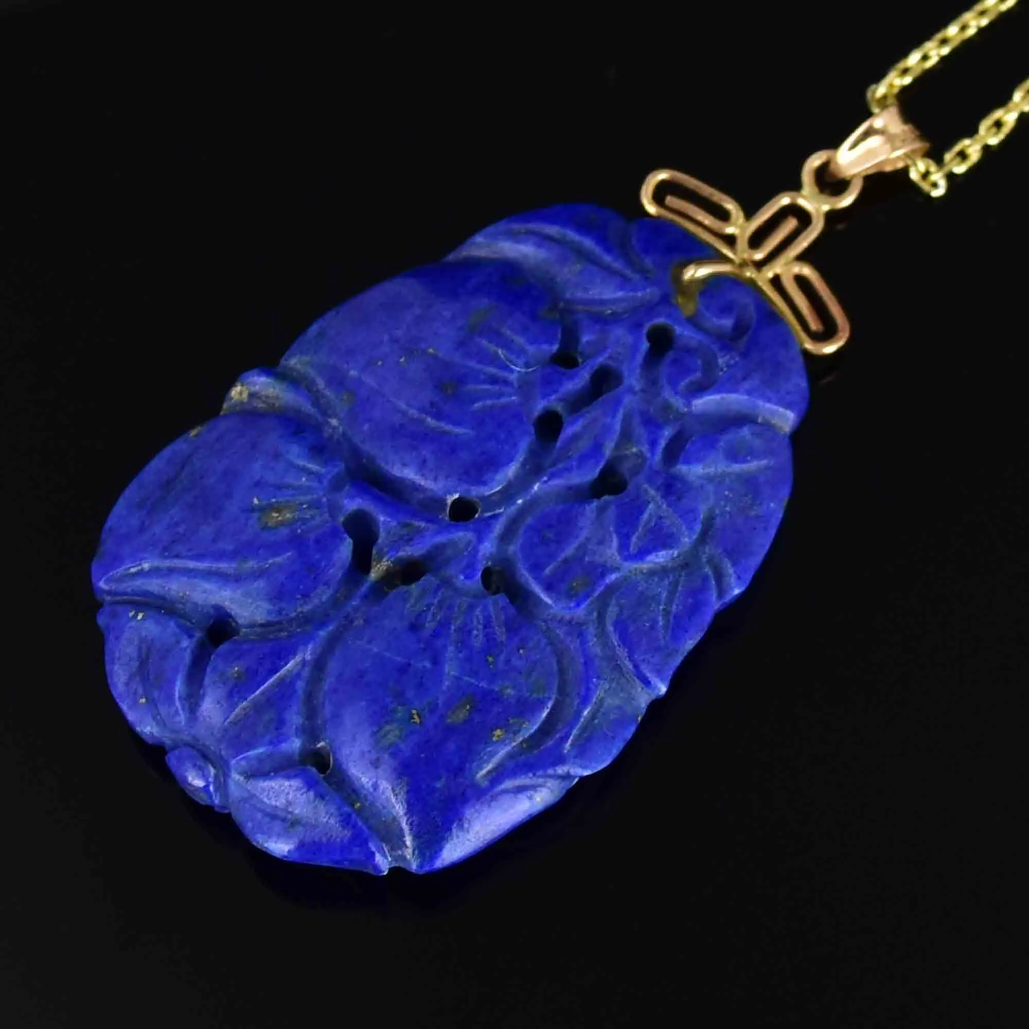 Vintage 14K Gold Carved Lapis Lazuli Flower Pendant Necklace