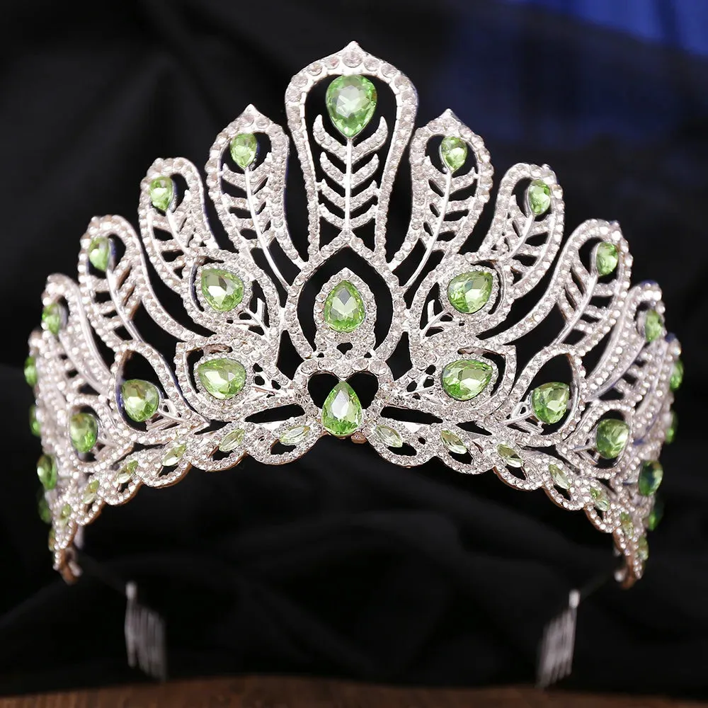 Water Drop Peacock Feather Crystal Tiara Crowns For Women Party Pageant Prom Hair Accessories