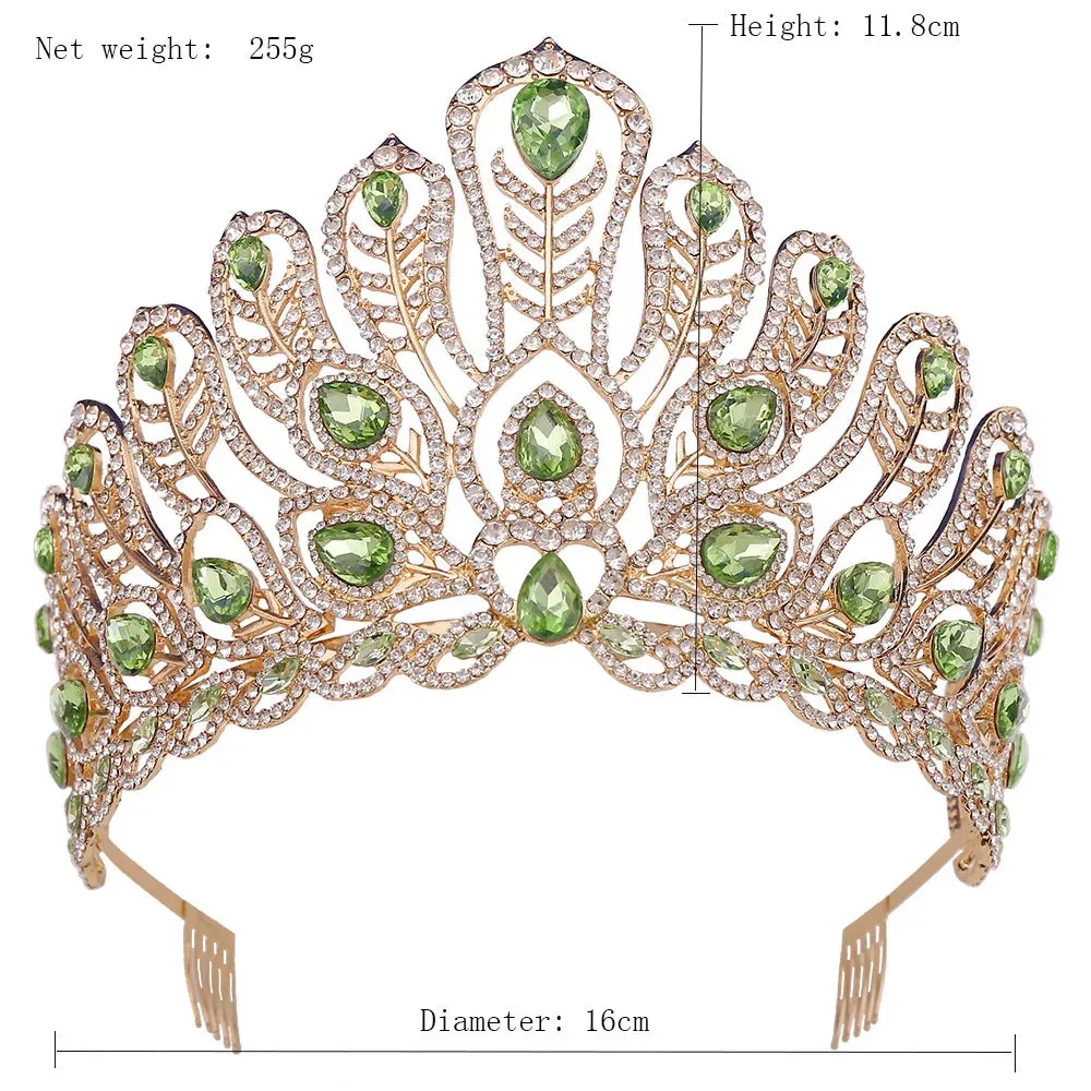 Water Drop Peacock Feather Crystal Tiara Crowns For Women Party Pageant Prom Hair Accessories