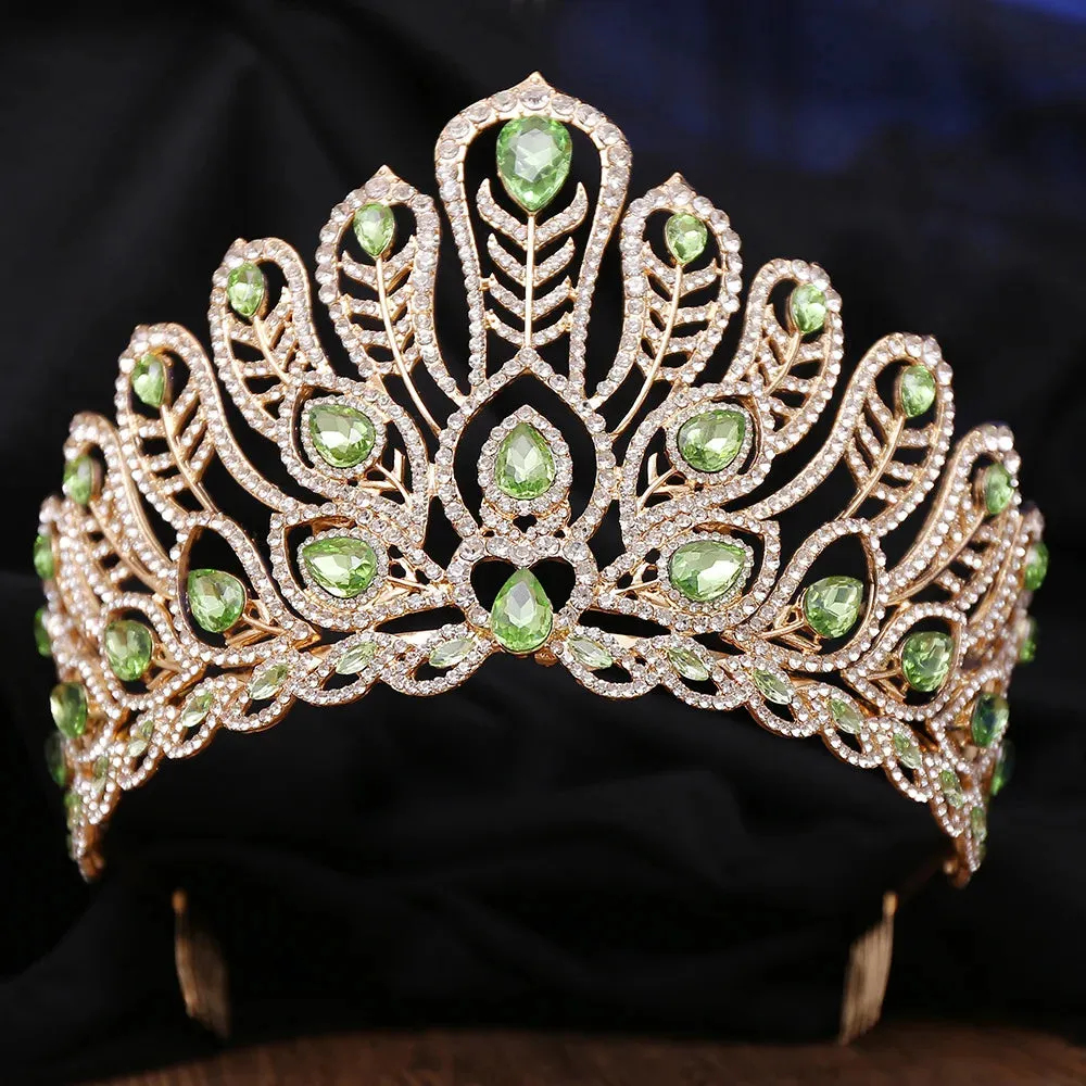Water Drop Peacock Feather Crystal Tiara Crowns For Women Party Pageant Prom Hair Accessories