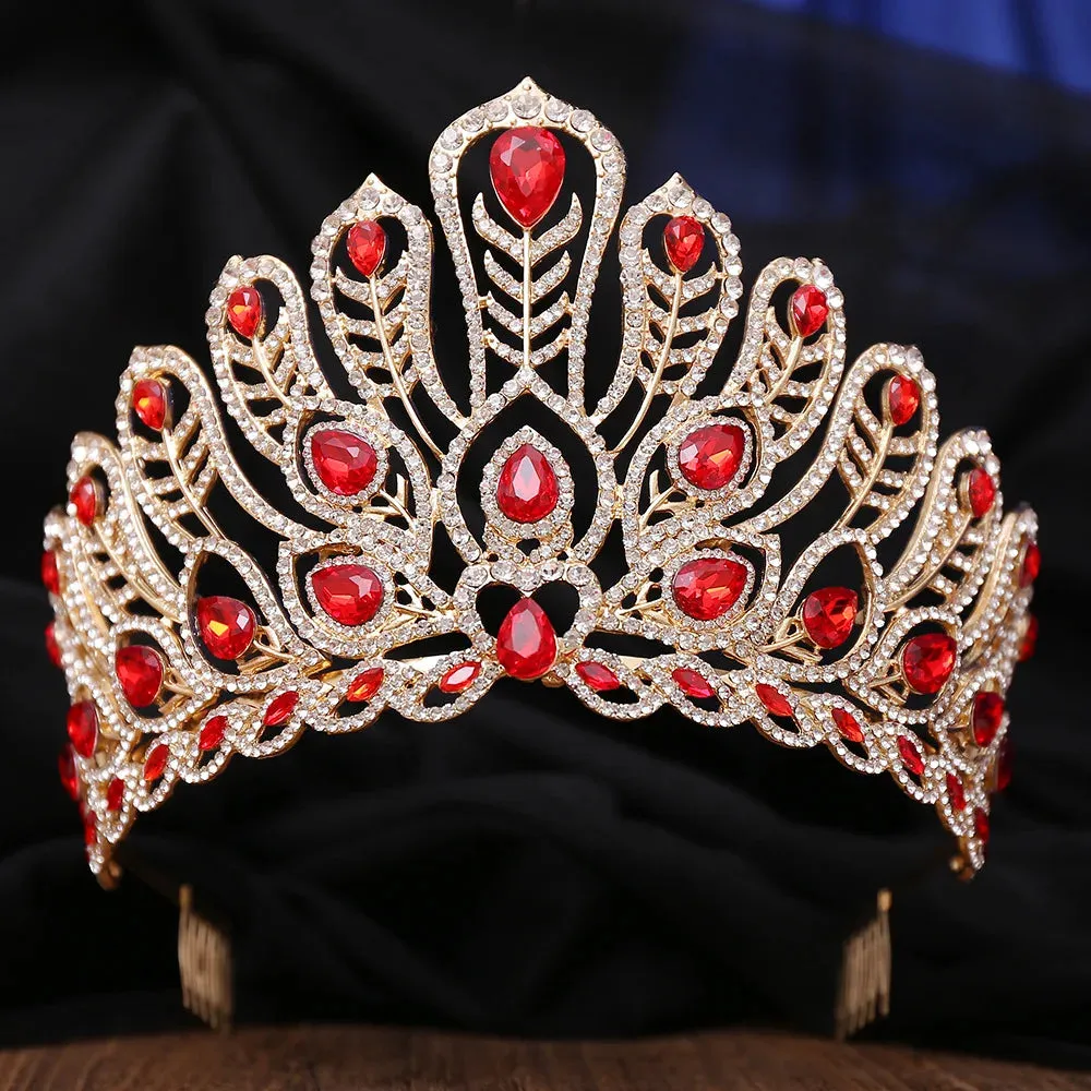 Water Drop Peacock Feather Crystal Tiara Crowns For Women Party Pageant Prom Hair Accessories