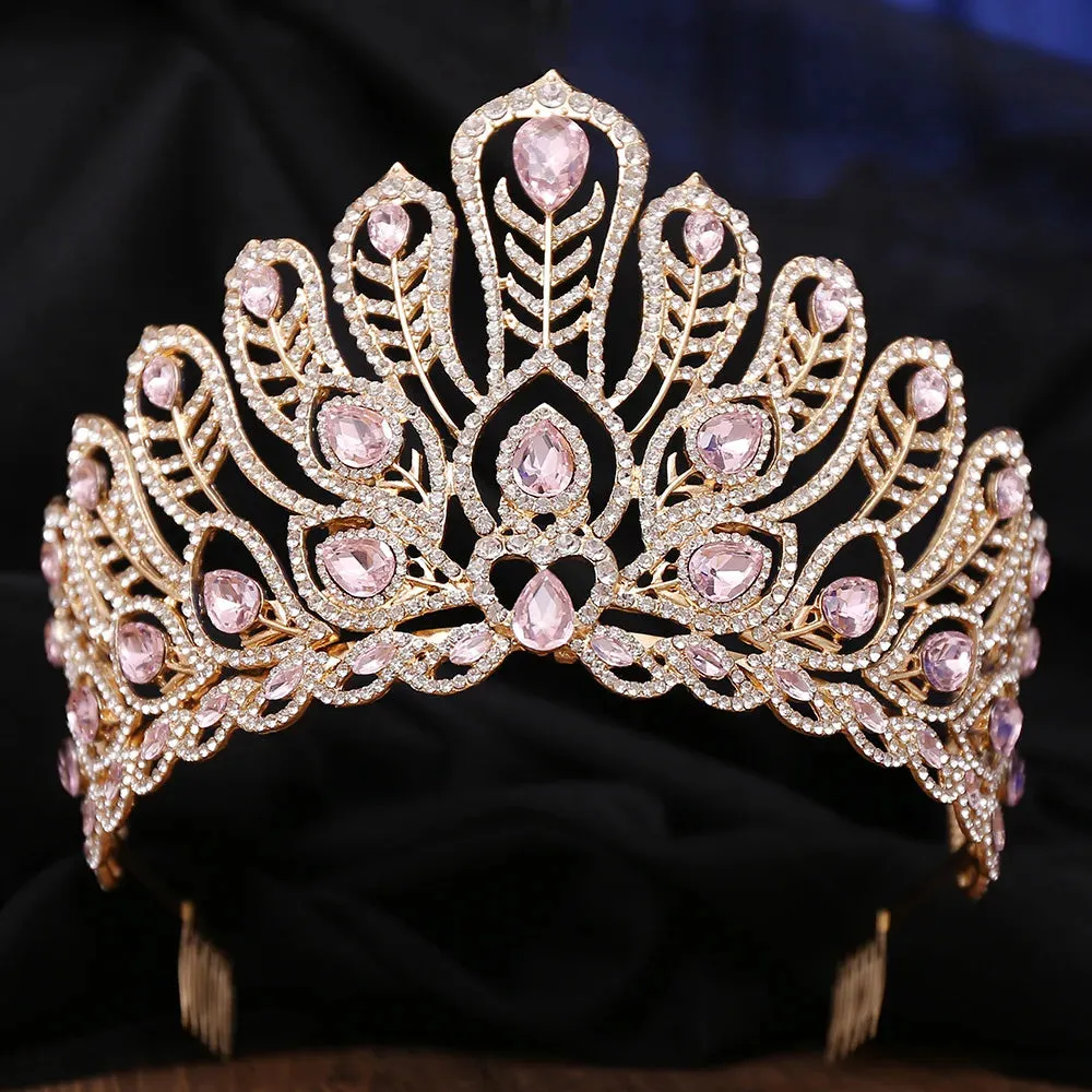 Water Drop Peacock Feather Crystal Tiara Crowns For Women Party Pageant Prom Hair Accessories