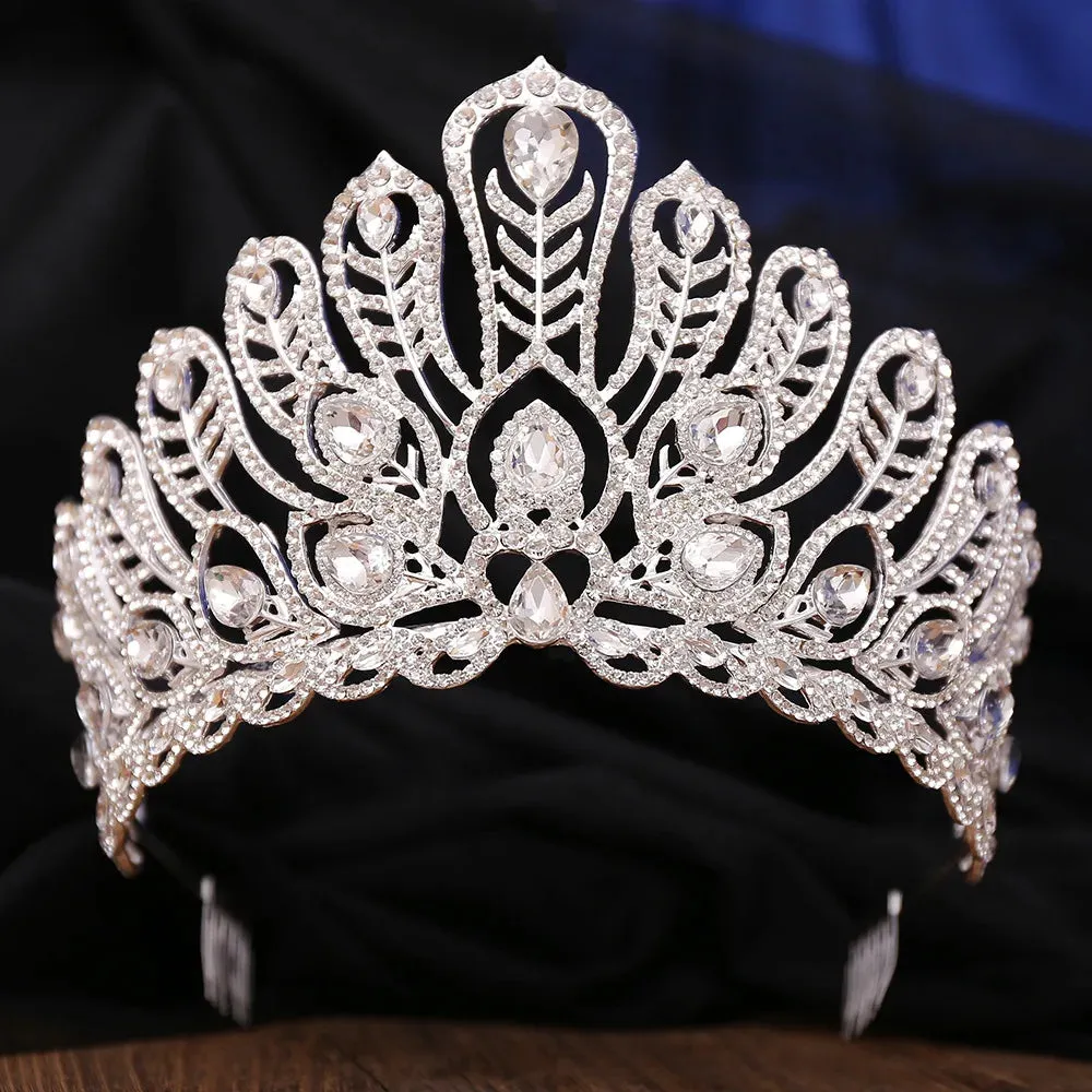 Water Drop Peacock Feather Crystal Tiara Crowns For Women Party Pageant Prom Hair Accessories